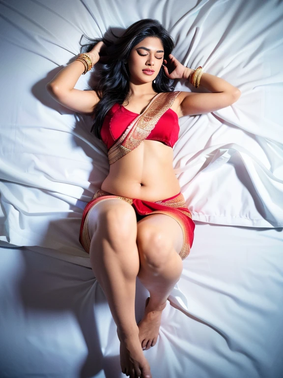 ((32K, ultra HD, RAW Photo, Best Quality, Masterpiece)), ((photos Realistic)), (cinematic lighting) (ultra-detail), shot with Canon EOS R5, ((((50mm len))) f/2.8, HDR, best quality, lifelike, 8k, high resolution, Indian bride girl in traditional red saree,, 1 girl, Miss, (professional lighting), (portrait:0.6), (Lie flat on your back on the bed), Gorgeous, black hair, (1 girl ), eyes closed,lifelike, ,SFW, Calm expression,full-body shot,top view, full body,, open legs, navel, nude, naked, sleeping, juicy pussy, dark blue bedsheet, Indian bridal makeup