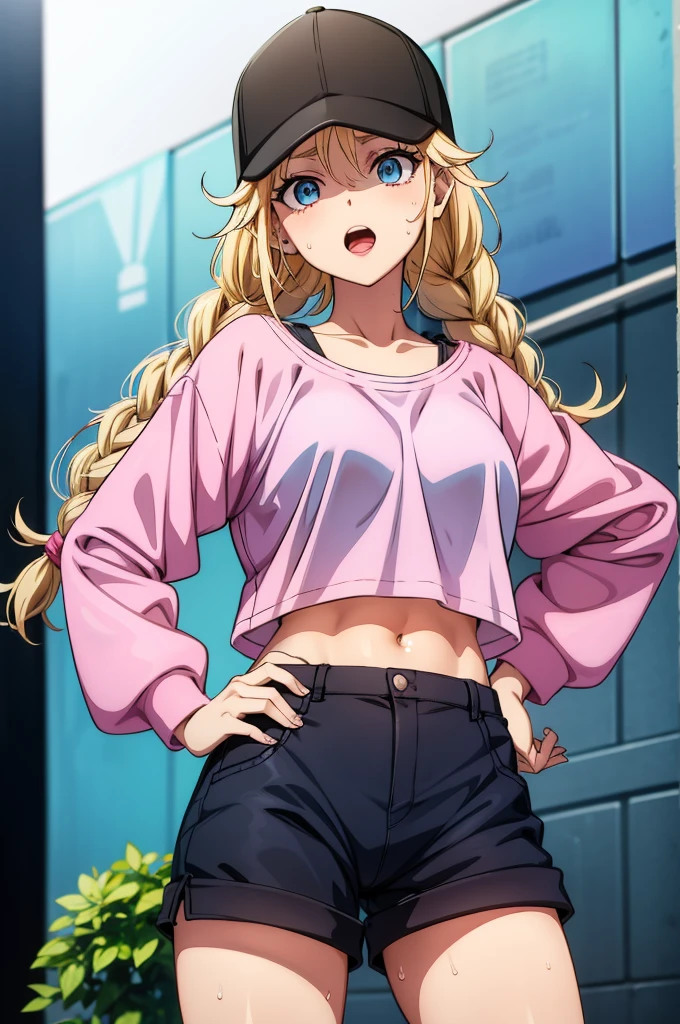 a cartoonish drawing of a female human wearing a baseball hat and shorts, 1girl, hat, solo, blonde hair, twin braids, blue eyes, shorts, navel, breasts, crop top, baseball cap, jacket, braid, long hair, crop top overhang, smile, black headwear, denim, denim shorts, large breasts, midriff, open mouth, short shorts, looking at viewer