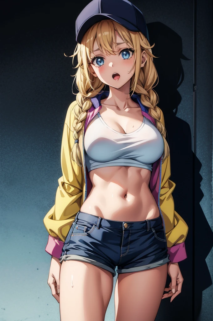 an anime girl has no shirt on and is leaning on her hands, 1girl, solo, breasts, shorts, navel, blue eyes, blonde hair, jacket, braid, hat, looking at viewer, open clothes, twin braids, baseball cap, open mouth, long hair, white shorts, stomach, collarbone, sweat, large breasts, open jacket, short shorts, long sleeves, cowboy shot