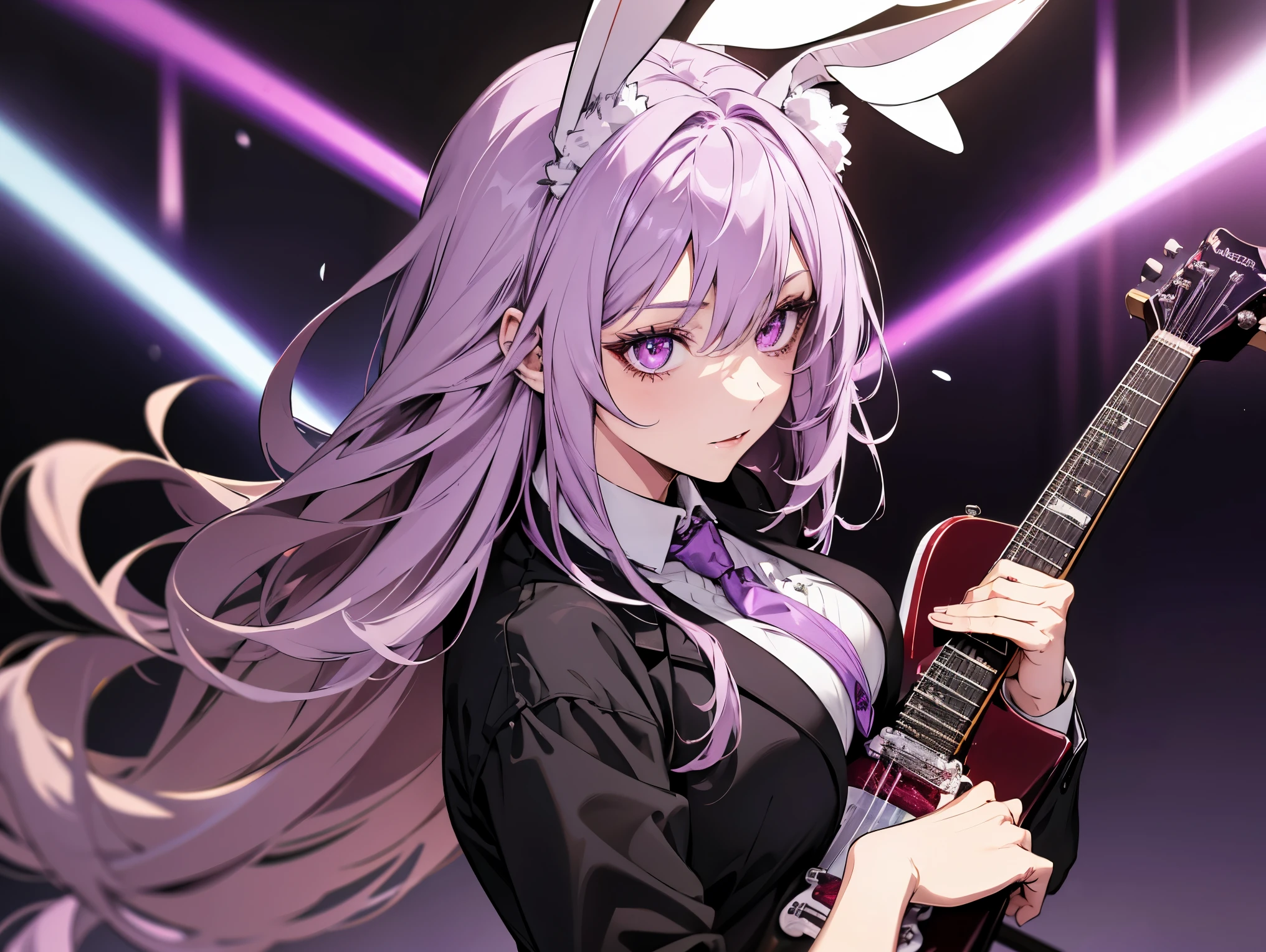 1 female, maestro, wearing a black suit, light purple tie, sin shorts, you can see his naked ass, Thick, light purple hair, wide, light purple rabbit ears, light red eyes, face to detail, detailed eyes, the background is a pizzeria, happy, playing a red guitar.