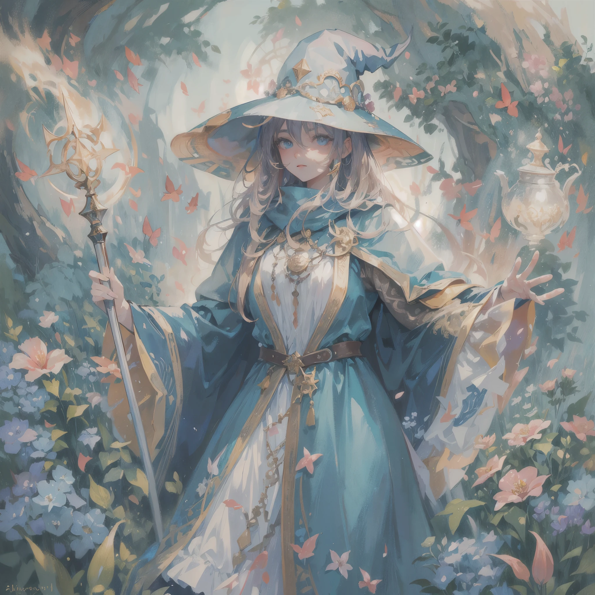 a young woman((European medieval magician)),Wearing a mage hat,Wearing a blue mage robe,Hands holding a magic wand,Stand among the flowers。((Medium shot composition,full body pictures,Characters and scenes))Semi-realistic style,game concept art style,Anime illustration style,watercolor style,Suitable for card illustrations,HD,4K。