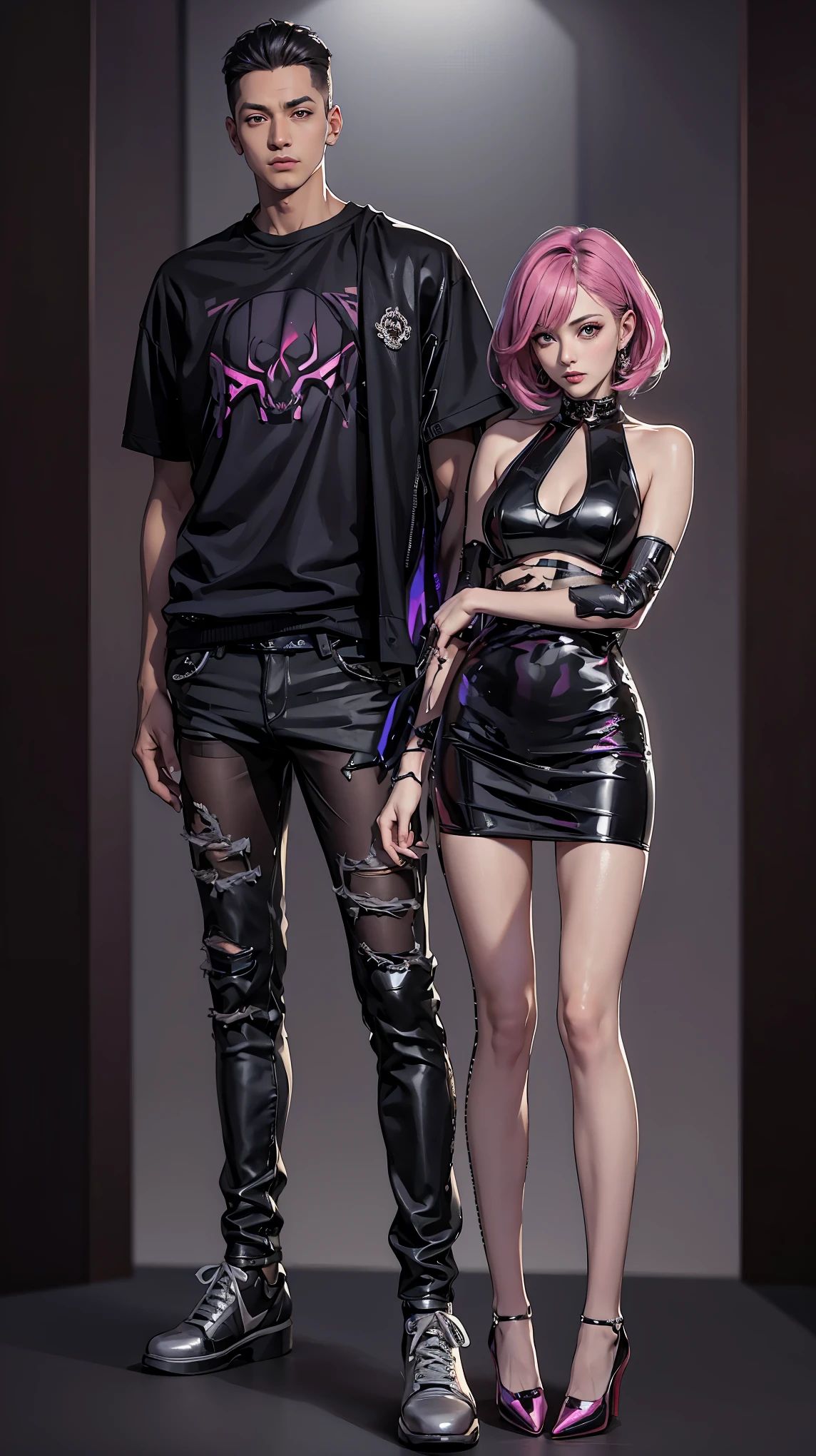 arafed image of a man and a woman standing next to each other, boyfriend and girlfriend, full body illustration, d & d style full body portrait, style game square enix, cypherpunk fashion illustration, kda and sam yang, cyberpunk outfits, dressed in punk clothing, no more heroes concept art, dressed in crustpunk clothing, nightclub, cyberpunk theme.