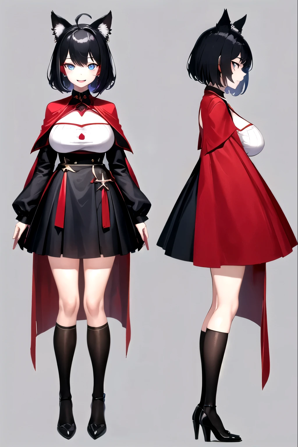 ((upright)), ((arm to the side)), looking at the viewer, simple background、white background, 1 girl, open your mouth, smile, Virtual YouTuber、with a girl、((highest quality, expensive_solve, clear_image)),(black hair), (black cat ears), (Ahoge), (ridiculously short hair), (wavy hair),Red earring color (blue eyes),、laughter、very big breasts、whole body、I can see the cleavage、Dressed in student uniform、Wearing a cape、Wine red and black outfit、character sheet,character reference sheet, character design sheet, ((View from the front, side view)) symmetrical elements of clothing,