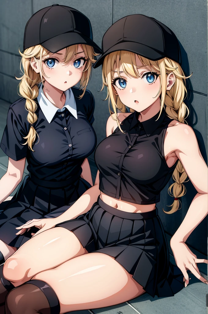 two anime female characters are wearing black uniforms and baseball caps lying down, blue eyes, shirt, braid, long hair, skirt, blonde hair, thighhighs, hat, baseball cap, looking at viewer, breasts, black shirt, pleated skirt, sleeveless, navel, fishnets, midriff, black headwear, stomach, miniskirt, sleeveless shirt, bare shoulders, sitting, bare arms, crop top, multiple girls, zettai ryouiki, black skirt, 2girls, short sleeves, twin braids