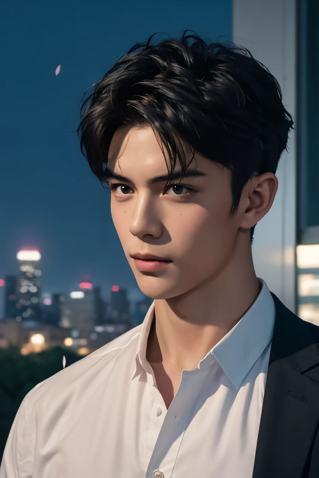 portrait of a 1 boy wearing nothing completely naked, front view, looking at camera, (smirk:0.65), (angry:0.3), cinematic shot on canon 5d ultra realistic, urban atmosphere, skyscrapers, night scene, sakura petals are flying over the background, short hair undercut, (extremely handsome:1.2)