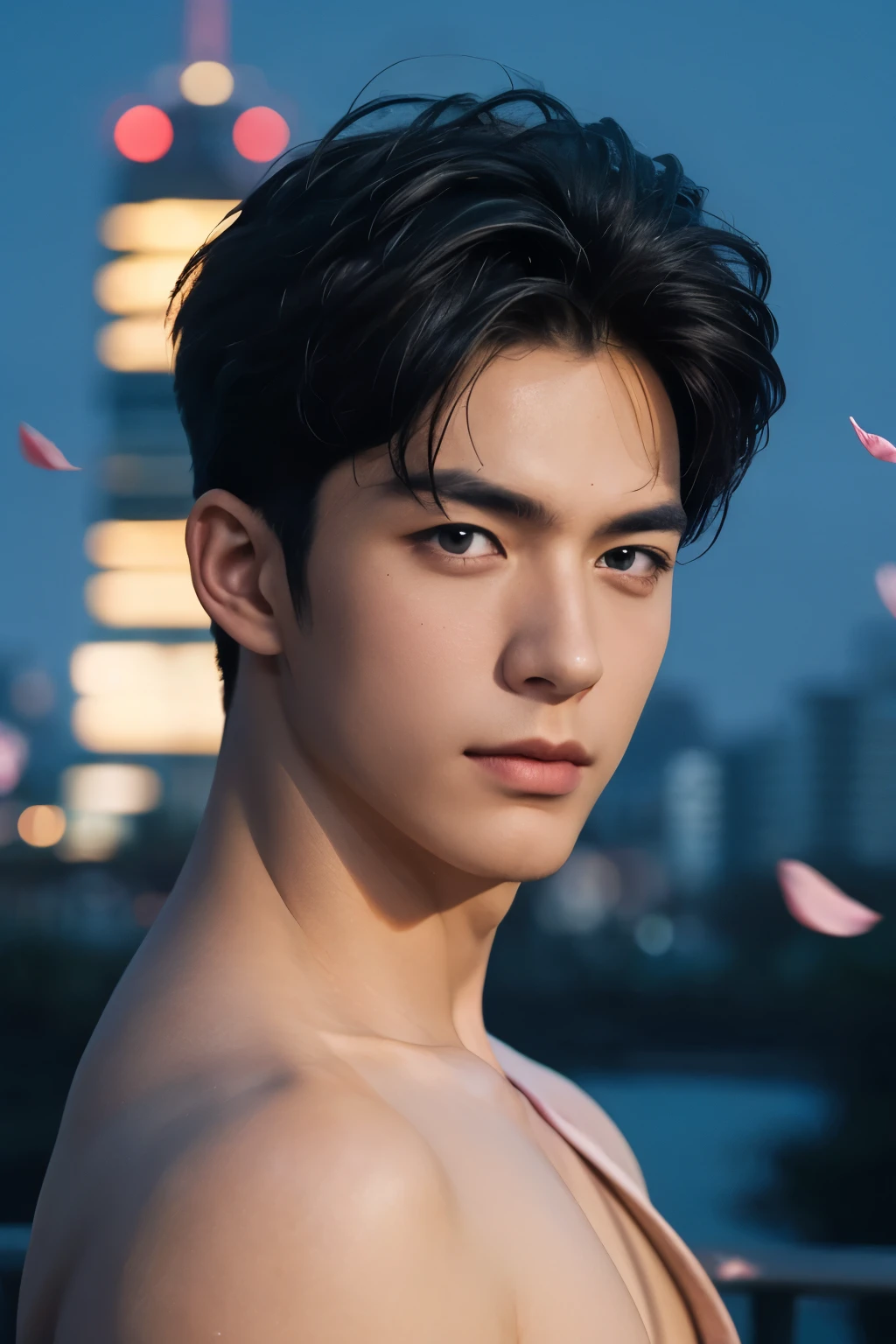 portrait of a 1 boy wearing nothing completely naked, front view, looking at camera, (smirk:0.65), (angry:0.3), cinematic shot on canon 5d ultra realistic, urban atmosphere, skyscrapers, night scene, sakura petals are flying over the background, short hair undercut, (extremely handsome:1.2)
