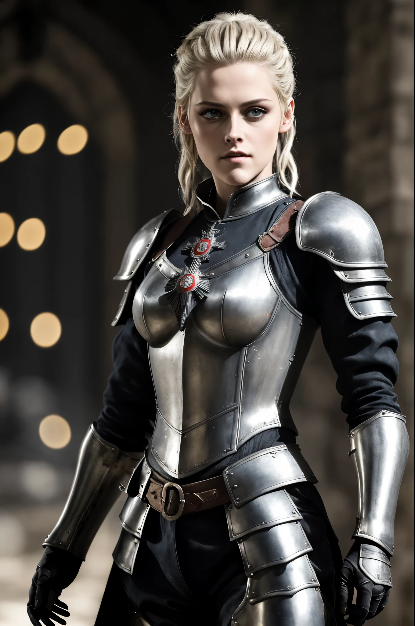 (Meisterwerk), (extrem kompliziert:1.3),, (realistisch), Portrait of Kirsten Stewart, The most beautiful in the world, (medieval armor), Metall-Reflexionen, upper body, al fresco, Intensive Sonneneinstrahlung, Weit entfernte Burg, Professionelles Foto von Kirsten Stewart, detailliert, Scharfer Fokus, dramatisch, awards winning, Filmische Beleuchtung, Oktan-Rendering, Unreal-Engine, Volumetrics DTX, (Filmkorn, bokeh, verschwommener Vordergrund, verschwommener Hintergrund), pferdeWappen auf der Brust