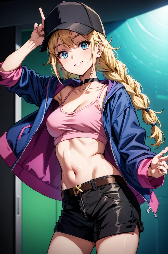 a cartoon character posing for a selfie with her blue hair and pink clothing and jacket, 1girl, solo, shorts, blonde hair, long hair, hat, blue eyes, jewelry, phone, black shorts, braid, black choker, earrings, holding phone, holding, baseball cap, cellphone, choker, belt, jacket, breasts, looking at viewer, twin braids, short shorts, black headwear, smile, collarbone, zipper