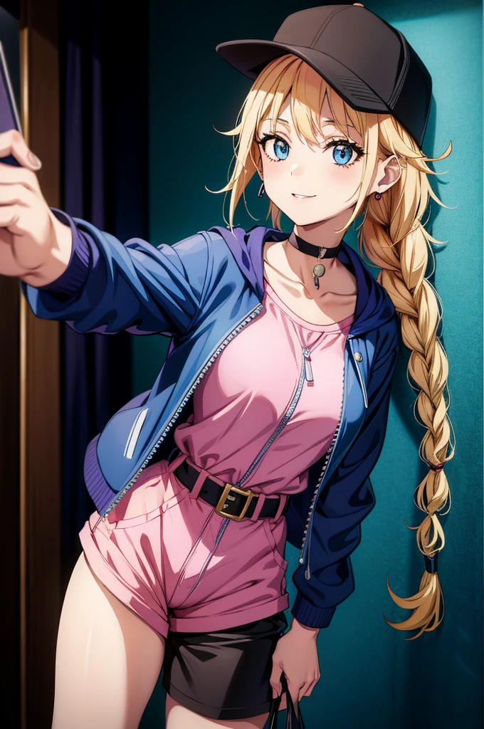 a cartoon character posing for a selfie with her blue hair and pink clothing and jacket, 1girl, solo, shorts, blonde hair, long hair, hat, blue eyes, jewelry, phone, black shorts, braid, black choker, earrings, holding phone, holding, baseball cap, cellphone, choker, belt, jacket, breasts, looking at viewer, twin braids, short shorts, black headwear, smile, collarbone, zipper