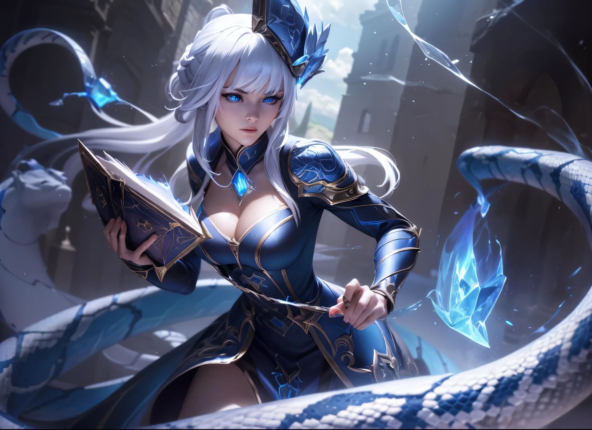 Broken glass, female, (snake:1.0), (fire magic;1.2), white hair with bangs, แต่งกายเป็นเจ้าfemaleยืนอยู่บนหน้าผา มีดอกไม้อยู่ด้านหลัง, clouds in the sky, photograph, realism, CGI, (Fighting posture:1.2), league of Legends, blue eyes, Dress,Victoria, (holding a magic book:1.2), (Broken glass:1.0), Highly detailed, castle, Masterpiece, (HDR)(Wallpaper)(movie light)(Sharp focus), Masterpiece, best quality, (extremely detailed CG unity 8k Wallpaper), (best quality),Black suit,(puppet magic;1.2)