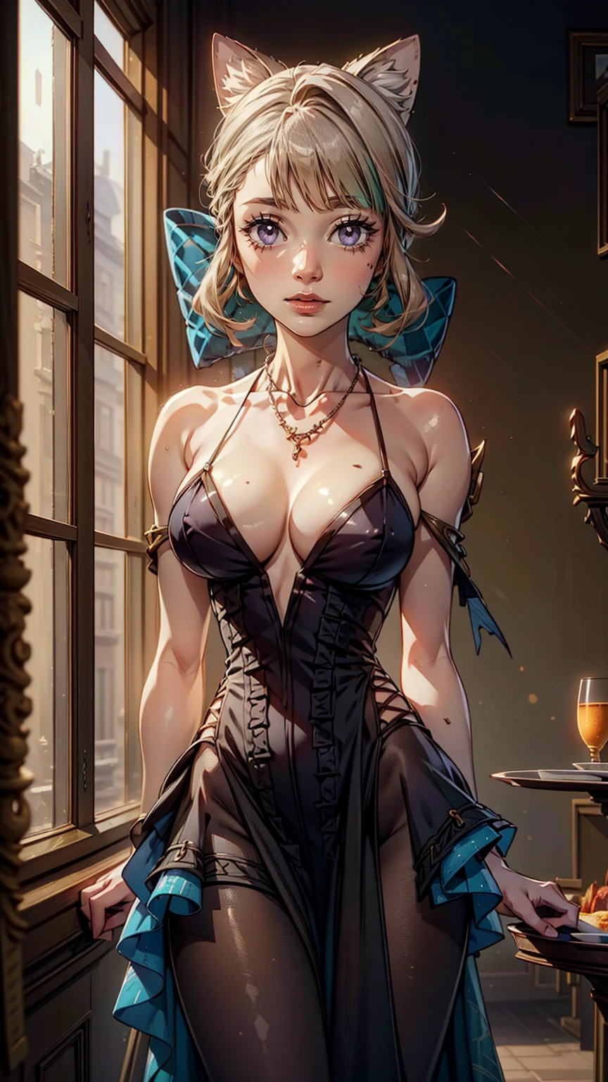 Anime style, Painting, absurderes、perfect anatomia、Lucy、wearing luxury gown , hair ornament, necklace, jewelry, restaurant scene, Masterpiece, RAW Photography, 8k, Top Quality, Fine Pore, Photorealistic, Ultra Detailed, (high skin detail:1.2),Extremely detailed,Intricate, sharp-focus, lynette, arms behind back 