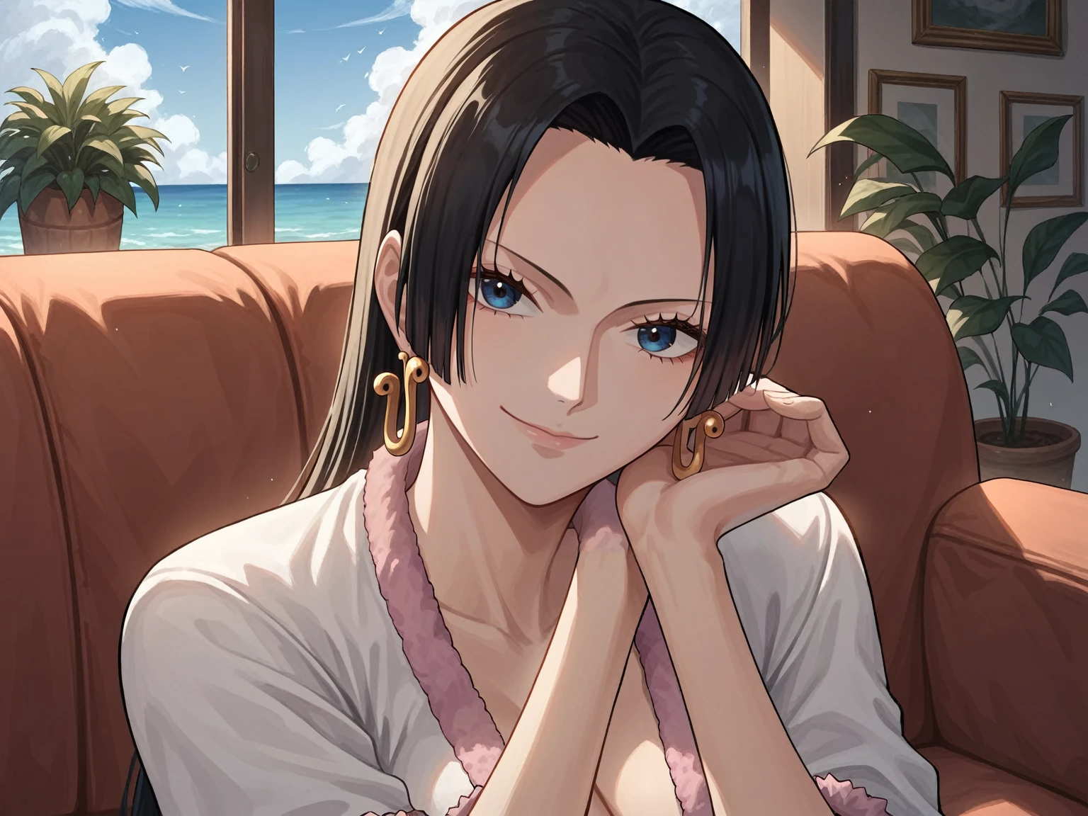 source_anime,score_9,score_8_up, score_7_up, 1girl,solo,outdoors,one piece, boa hancock, couch, indoors, seductive,, face closeup, ((closed mouth)), smirk