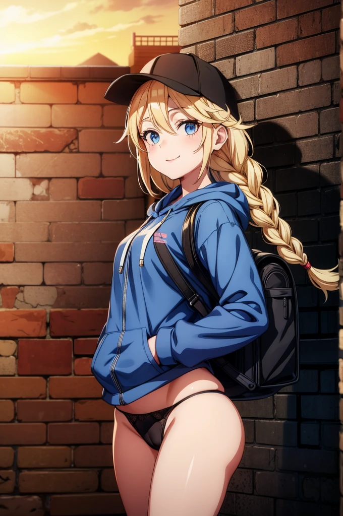 a blonde woman with a backpack on a brick wall with a brick wall, 1girl, solo, blonde hair, long hair, hat, blue eyes, braid, bag, outdoors, hood, smile, baseball cap, underwear, hoodie, looking at viewer, panties, holding, no pants, twin braids, blue hoodie, cameltoe, sunset, black panties, black headwear