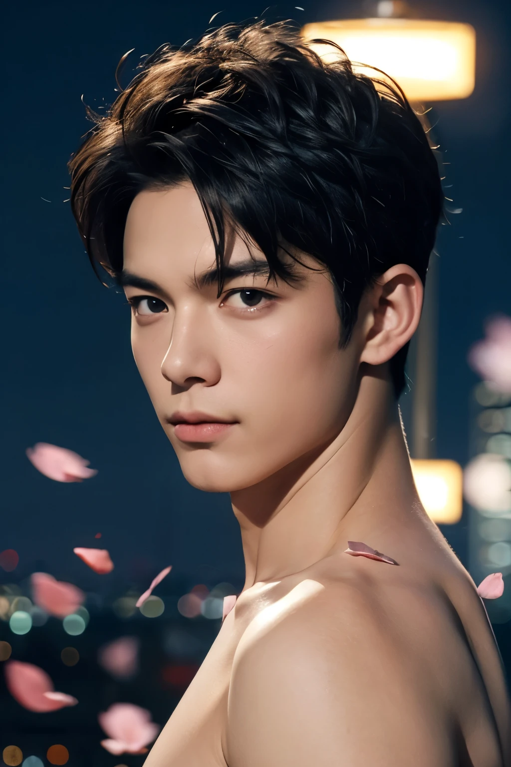 portrait of a 1 boy wearing nothing, completely naked, front view, looking at camera, (smirk:0.65), (angry:0.3), cinematic shot on canon 5d ultra realistic, urban atmosphere, skyscrapers, night scene, sakura petals are flying over the background, short hair undercut, (extremely handsome:1.2), half body shot 
