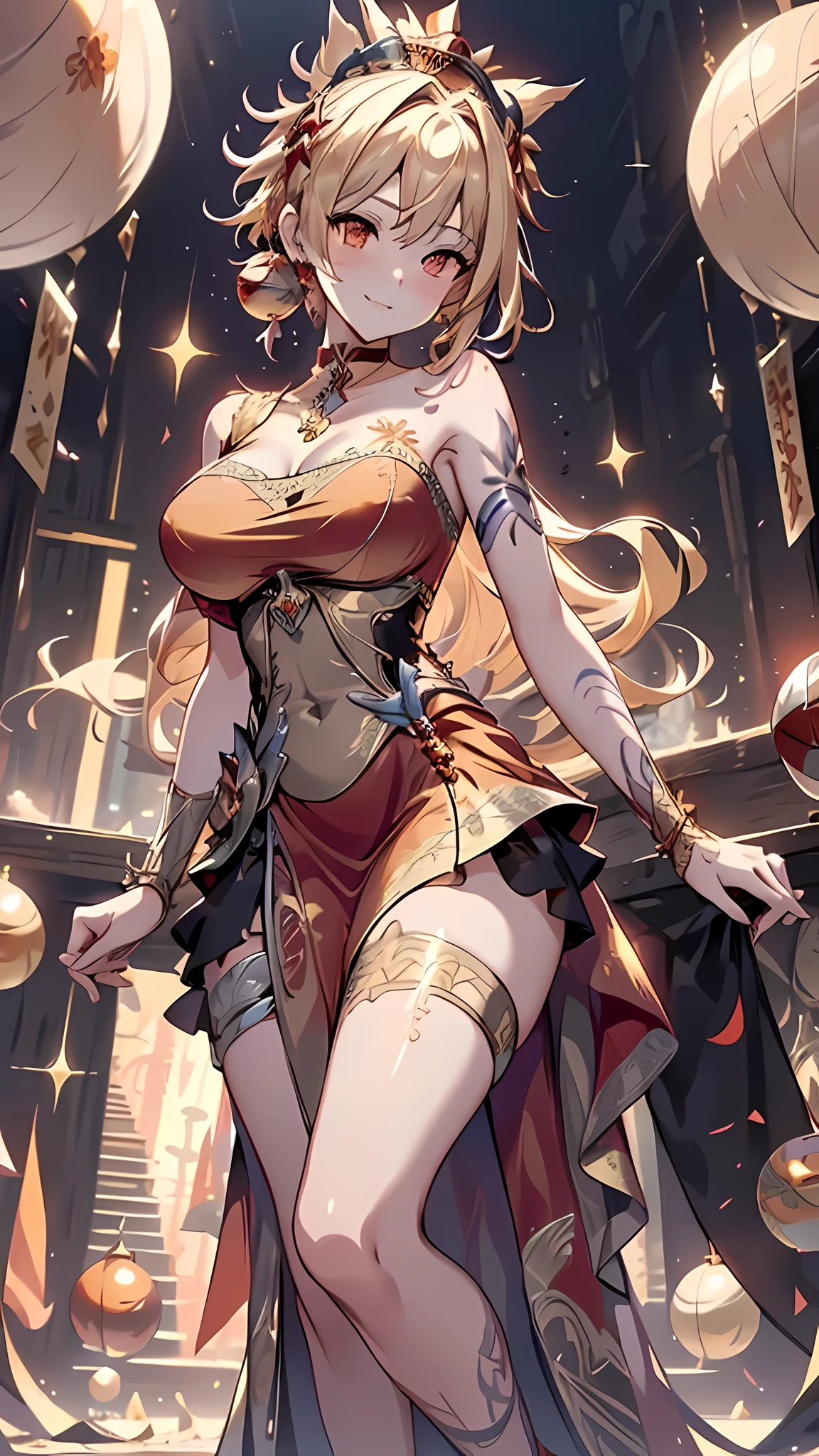 (masterpiece), best quality, expressive eyes, perfect face,1girl,yoimiyadef,collarbone, bracelet,thighhigh heels,blonde hair,cleavage,(red and gold intricate ball gown:1.5),(bare shoulders),(big breasts:1.3),cityscape,nightlights,dynamic angle,smiles,standing,head tilt,sexy pose,portrait close-up,(orange eyes:1.1),bangles