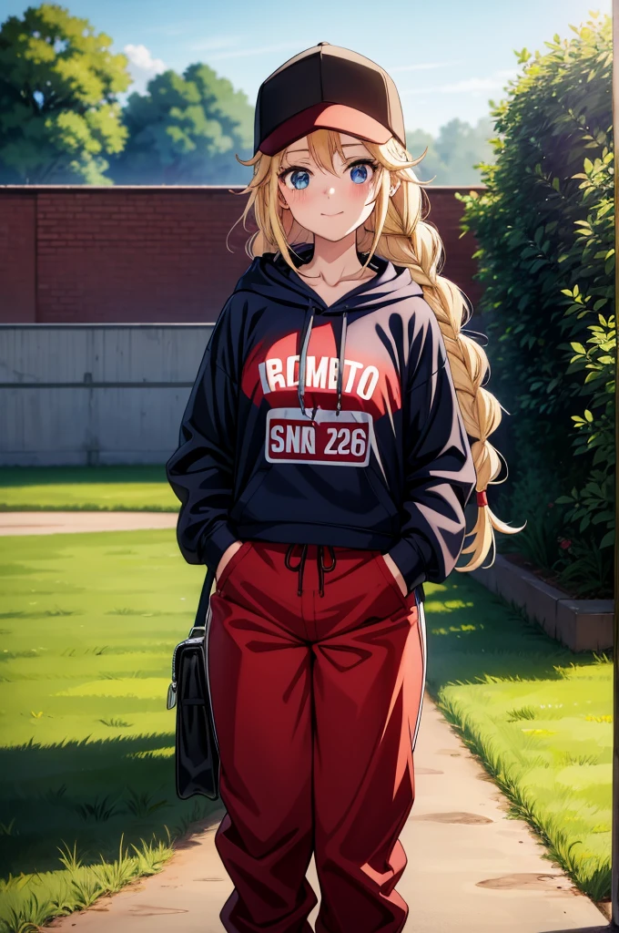 a blonde female anime character in a red baseball hat and track pants, 1girl, solo, braid, hat, blonde hair, blue eyes, shorts, twin braids, hood, outdoors, smile, baseball cap, long hair, bag, hoodie, blush, looking at viewer, closed mouth, black headwear, red hoodie