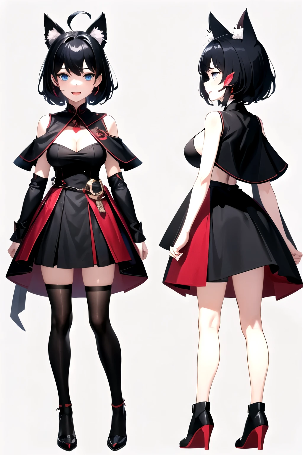 ((upright)), ((arm to the side)), looking at the viewer, simple background、white background, 1 girl, open your mouth, smile, Virtual YouTuber、with a girl、((highest quality, expensive_solve, clear_image)),(black hair), (black cat ears), (Ahoge), (ridiculously short hair), (wavy hair),Red earring color (blue eyes),、laughter、very big breasts、whole body、I can see the cleavage、Dressed in student uniform、Wearing a cape、Wine red and black outfit、character sheet,character reference sheet, character design sheet, ((View from the front, side view)) symmetrical elements of clothing,