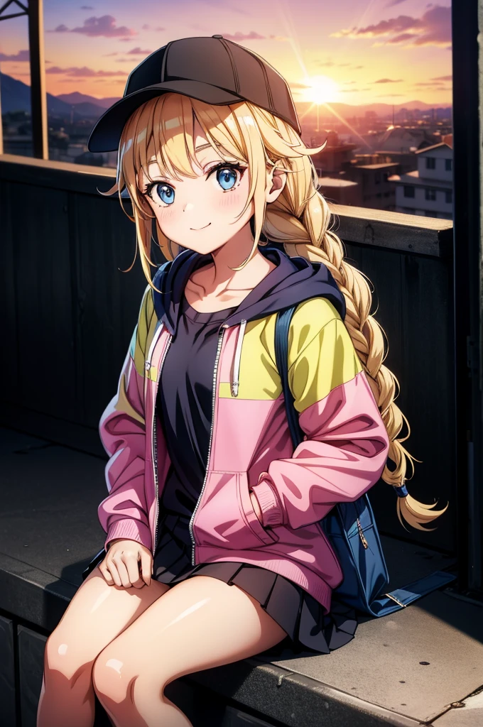 an the cartoon girl in a soccer outfit is sitting on a curb, 1girl, solo, outdoors, long hair, skirt, smile, hat, blue eyes, hood, blonde hair, baseball cap, black headwear, braid, pleated skirt, looking at viewer, bag, sunset, hoodie, collarbone, clothes writing, twin braids, jacket, hand in pocket, long sleeves, miniskirt, hood down, blush