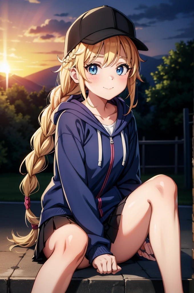 an  the cartoon girl in a soccer outfit is sitting on a curb, 1girl, solo, outdoors, long hair, skirt, smile, hat, blue eyes, hood, blonde hair, baseball cap, black headwear, braid, pleated skirt, looking at viewer, bag, sunset, hoodie, collarbone, clothes writing, twin braids, jacket, hand in pocket, long sleeves, miniskirt, hood down, blush