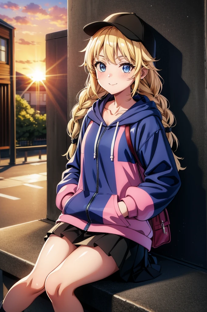 an the cartoon girl in a soccer outfit is sitting on a curb, 1girl, solo, outdoors, long hair, skirt, smile, hat, blue eyes, hood, blonde hair, baseball cap, black headwear, braid, pleated skirt, looking at viewer, bag, sunset, hoodie, collarbone, clothes writing, twin braids, jacket, hand in pocket, long sleeves, miniskirt, hood down, blush