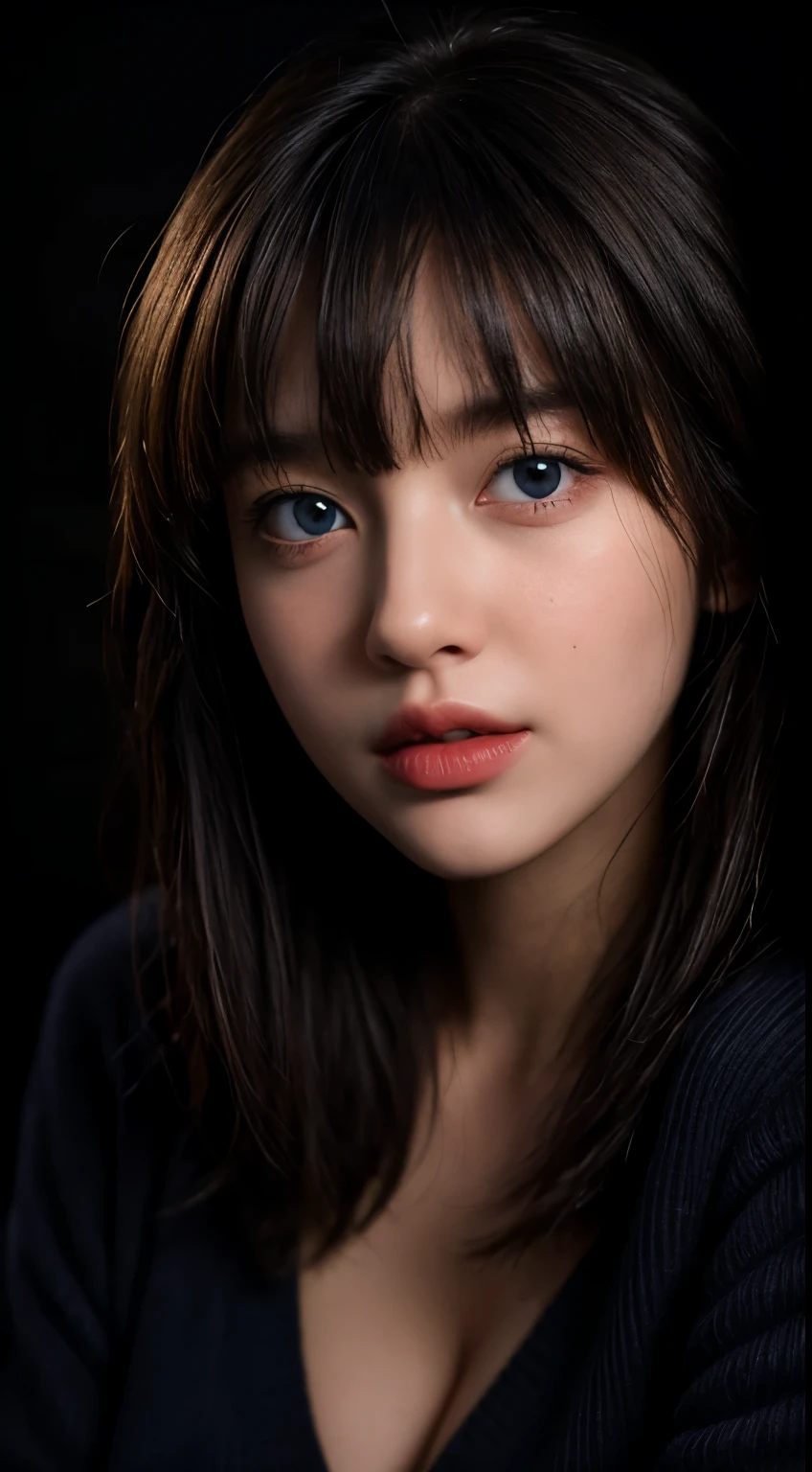 masterpiece, best quality, ultra-detailed, facing the camera head on, intricately detailed hyperdetailed, realistic, sharp features, highly detailed, sharp focus, perfect face, perfect face, perfect symmetrically perfect eyes, perfect full lips, flexible female form, cinematic, film light, hyper detailed, hyper realistic, masterpiece, atmospheric, high resolution, vibrant, dynamic studio lighting, nsfw, ((Dark background)), Sexy face, Facial expressions when receiving pleasure, straight Bangs, Big breasts, Exposed cleavage, blue Eyes,black sweater,