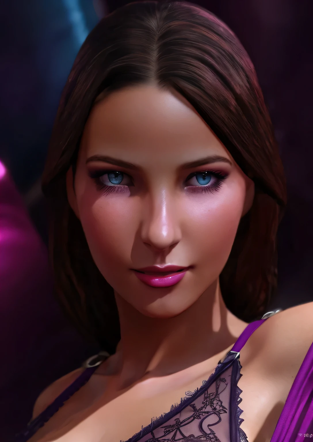 1girl, Solo, Aesthetic artwork, Aphrodite, brunette hair, blue eyes, (textured skin, skin pores:1.1), sexy, wearing purple lace lingerie, face close-up, looking at viewer seductive, bitting lips