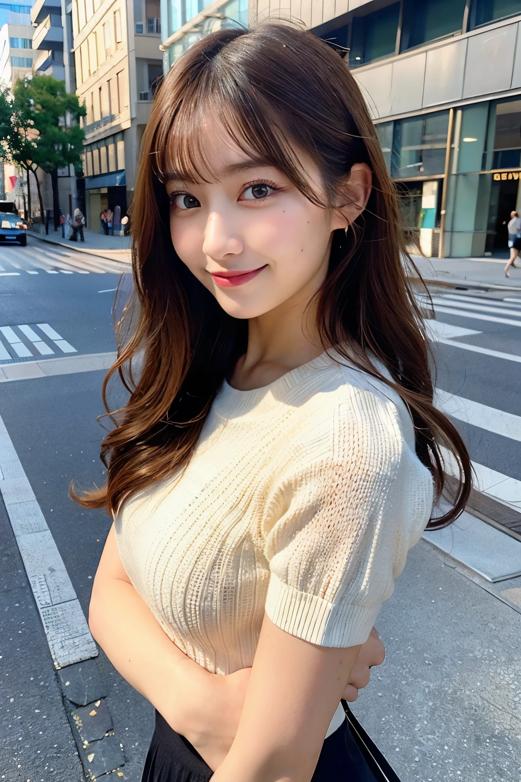masutepiece, Best Quality, Illustration, Ultra-detailed, finely detail, hight resolution, 8K Wallpaper, Perfect dynamic composition, Beautiful detailed eyes, doress,Medium Hair, mid-chest, Natural Color Lip, Random and sexy poses,Smile,Aoyama Street Walk、20 years girl、Colossal 、Too much exposure、Knitted tops
