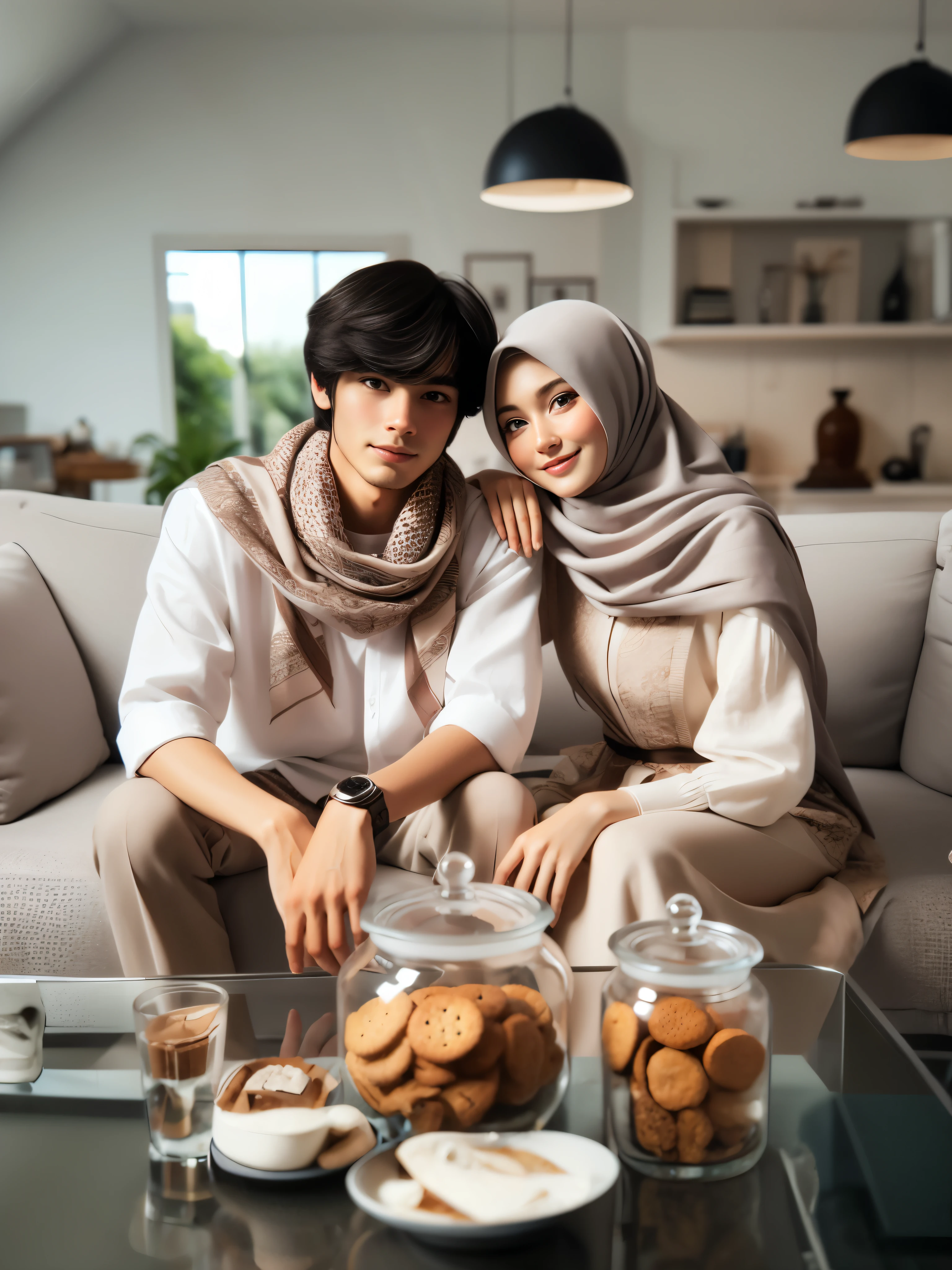 there are two people sitting on a couch with cookies on the table, lovely couple, shot on canon eos r5, shot on canon eos r 5, portrait shot, happy couple, couple pose, romantic couple, shot with canon eoa 6 d mark ii, couple, home photography portrait, couple portrait, shot on sony a 7 iii, 8k octan advertising photo