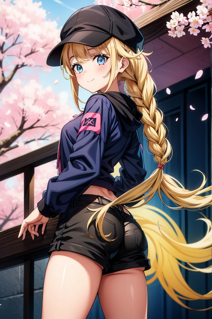 an animated character with blonde hair wearing black and black shorts and hat, 1girl, shorts, solo, blonde hair, long hair, hat, braid, black shorts, blue eyes, ass, looking at viewer, cherry blossoms, short shorts, black headwear, baseball cap, smile, looking back, thighs, long sleeves, underbutt, twin braids, hood, jacket, breasts, blush