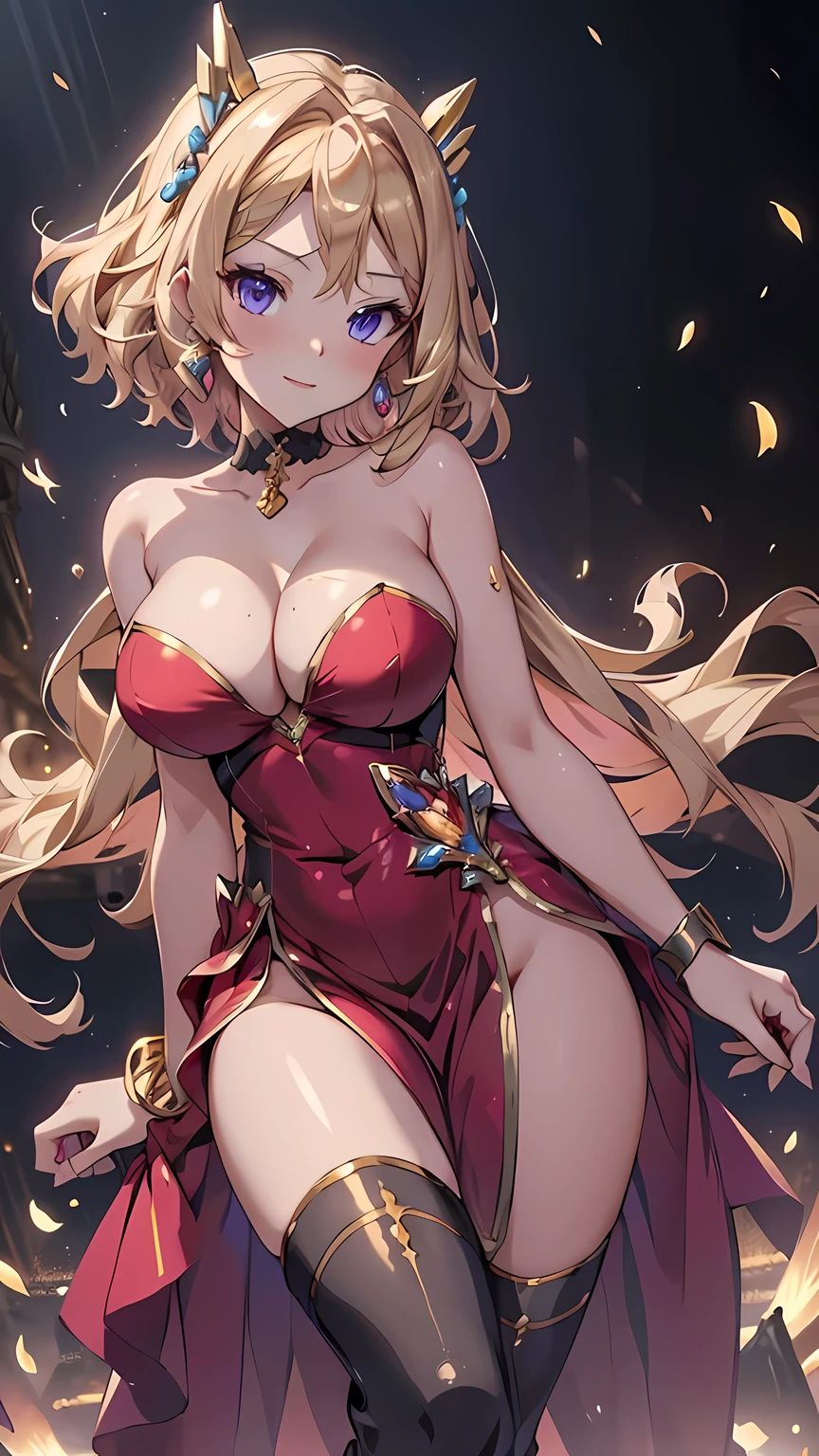 (masterpiece), best quality, expressive eyes, perfect face,1girl,collarbone, bracelet, high heels,blonde hair,cleavage,(red and gold strapless idol long dress:1.3),(bare shoulders),big breasts,cityscape,nightlights,dynamic angle,smiles,standing,head tilt,sexy pose,portrait close-up,(blue eyes:1.1),pink hair ribbon,bangles,thighhigh boots