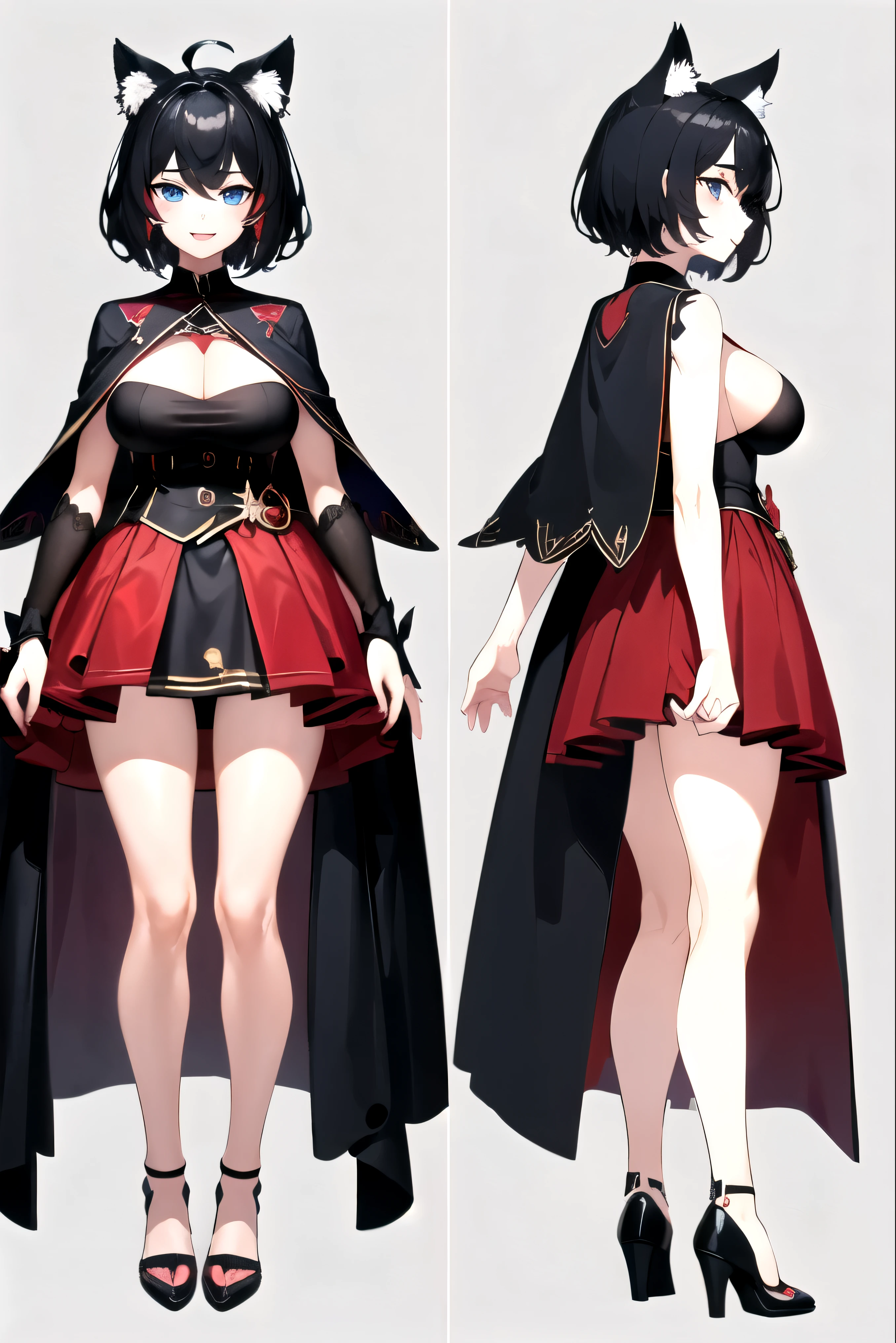 ((upright)), ((arm to the side)), looking at the viewer, simple background、white background, 1 girl, open your mouth, smile, Virtual YouTuber、with a girl、((highest quality, expensive_solve, clear_image)),(black hair), (black cat ears), (Ahoge), (ridiculously short hair), (wavy hair),Red earring color (blue eyes),、laughter、very big breasts、whole body、I can see the cleavage、Dressed in student uniform、Wearing a cape、Wine red and black outfit、character sheet,character reference sheet, character design sheet, ((View from the front, side view)) symmetrical elements of clothing,