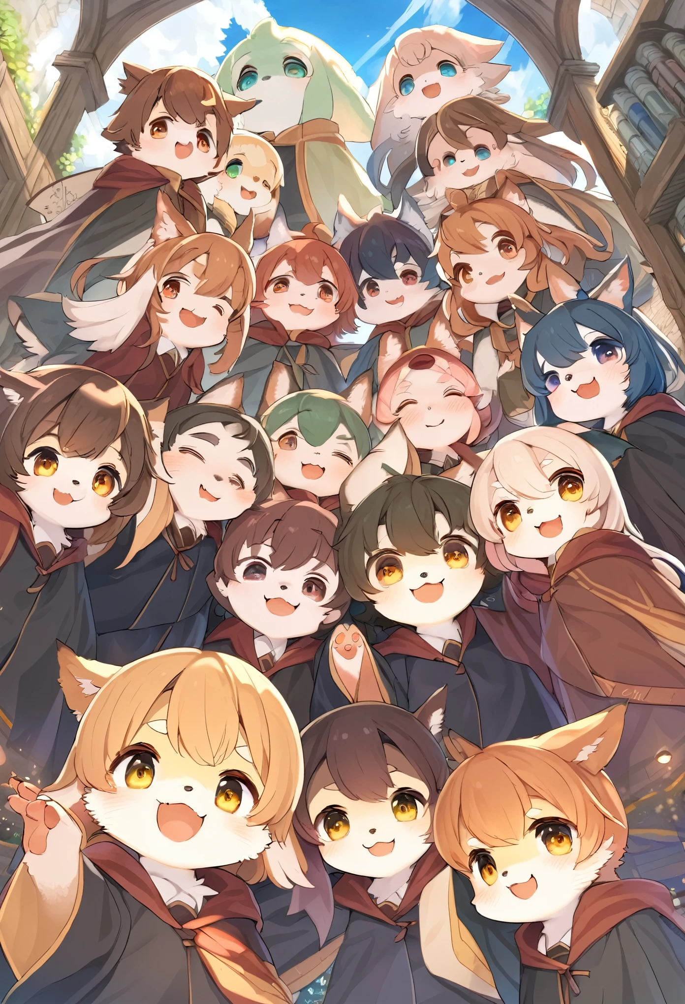 dynamic angle, top quality, best quality, High-quality illustrations, masterpiece, super high resolution, detailed background, detailed background, Harry Potter series, group shot:0.1, 6+boys, 6+girls, Happy, joyful, absurdres(highly detailed beautiful face and eyes)perfect anatomy(kemono, furry anthro),