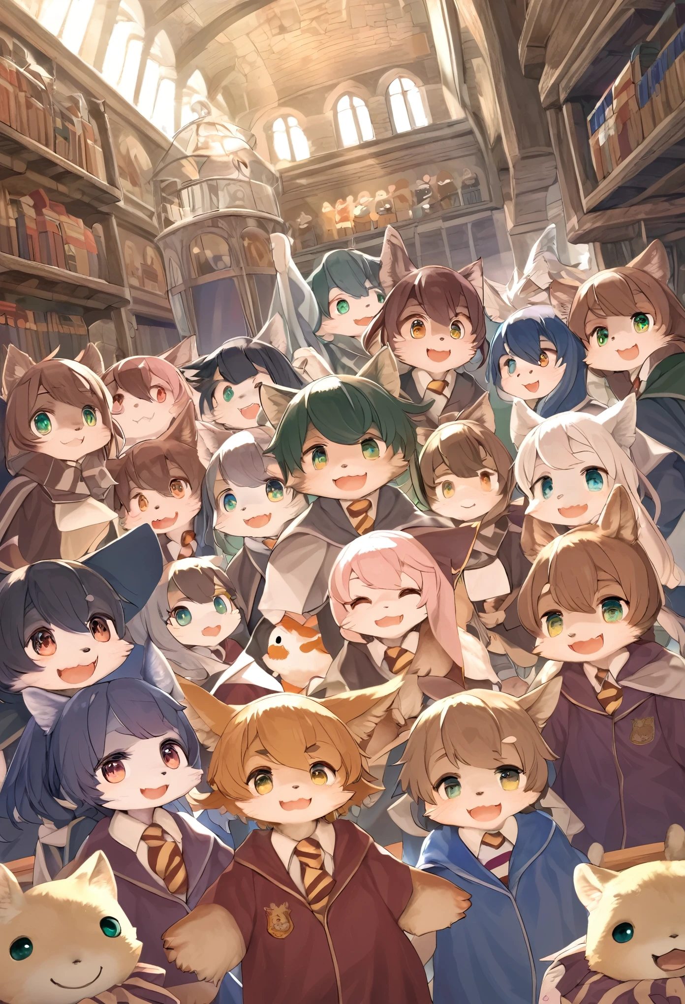 dynamic angle, top quality, best quality, High-quality illustrations, masterpiece, super high resolution, detailed background, detailed background, Harry Potter series, group shot:0.1, 6+boys, 6+girls, Happy, joyful, absurdres(highly detailed beautiful face and eyes)perfect anatomy(kemono, furry anthro),