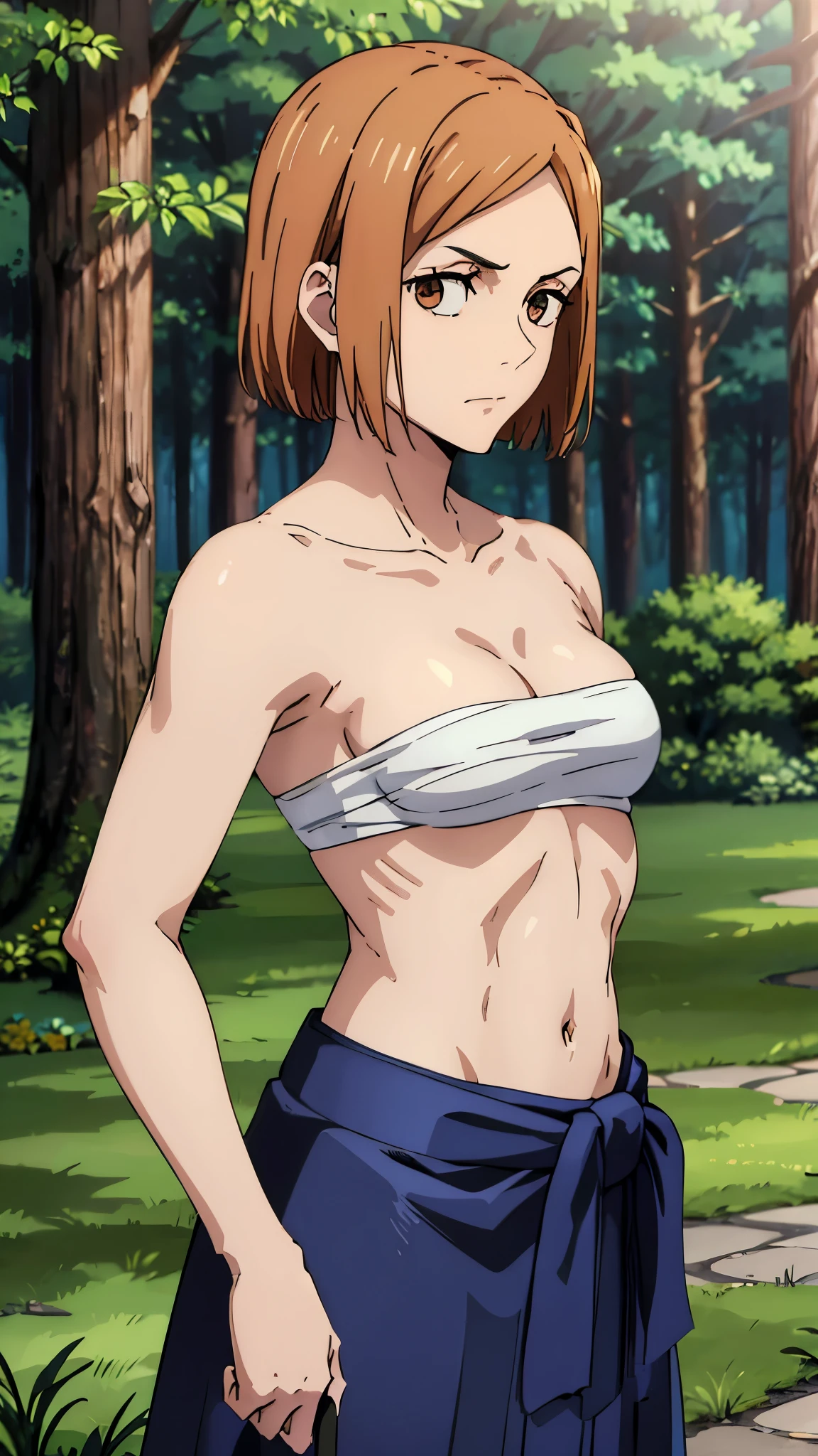 masterpiece, highres, solo, 8k, detailed, perfect face, best quality, (ultra high quality), (looking at viewers), (armpit), collarbone, bare arms, bare shoulders, big breast, cleavage, orange hair, short hair, brown eyes, gradation eyes, belly, stomach, navel, abs, sarashi chest, bandaged breast, (dark blue hakama), slim body, upper body, emotionless, flat face, closed mouth, at forest, hand up