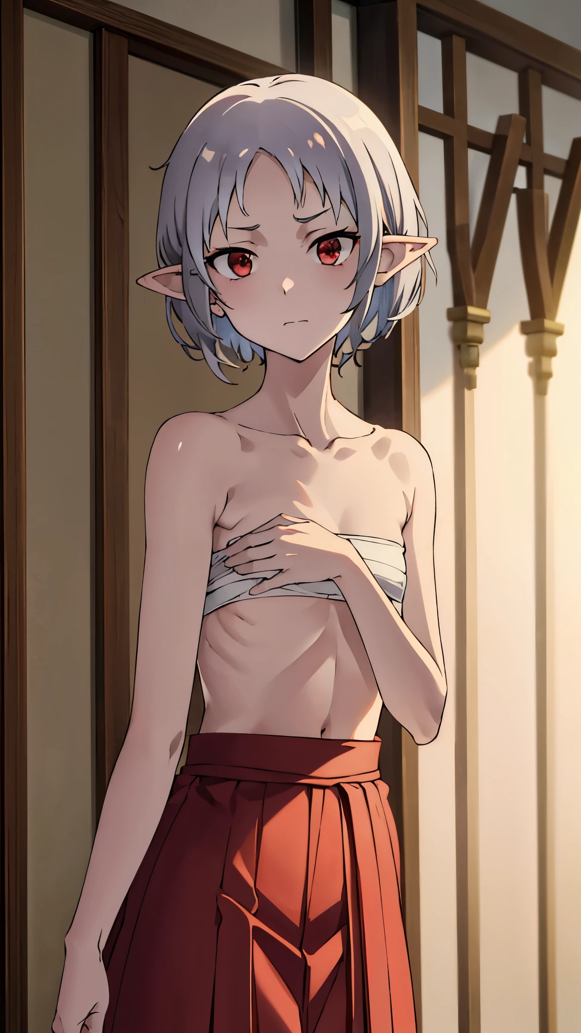 short girl, masterpiece, highres, solo, 8k, detailed, perfect face, best quality, (ultra high quality), (looking at viewers), (armpit), collarbone, bare arms, bare shoulders, small breast, cleavage, silver hair, short hair, red eyes, gradation eyes, elf ears, belly, stomach, navel, abs, sarashi chest, bandaged breast, (red hakama), slim body, upper body, emotionless, flat face, closed mouth, at forest, hand up