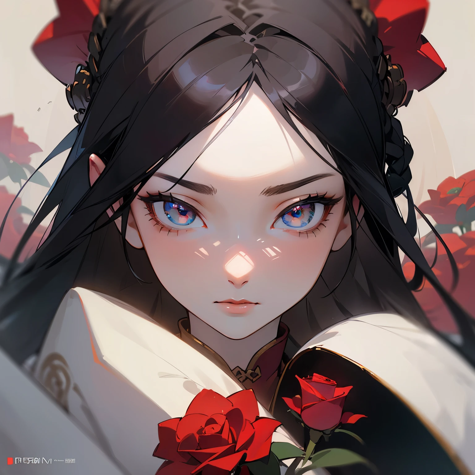 masterpiece, highest quality, (solo focus), (perfect face:1.1), (high detail:1.1), (hyper detailed eyes), dramatic, 1girl, (Pale skin), long black hair in a braid, (grey irises), individual focus, ancient china, detailed background, art by artgerm, cinematic lighting, red roses, fashion