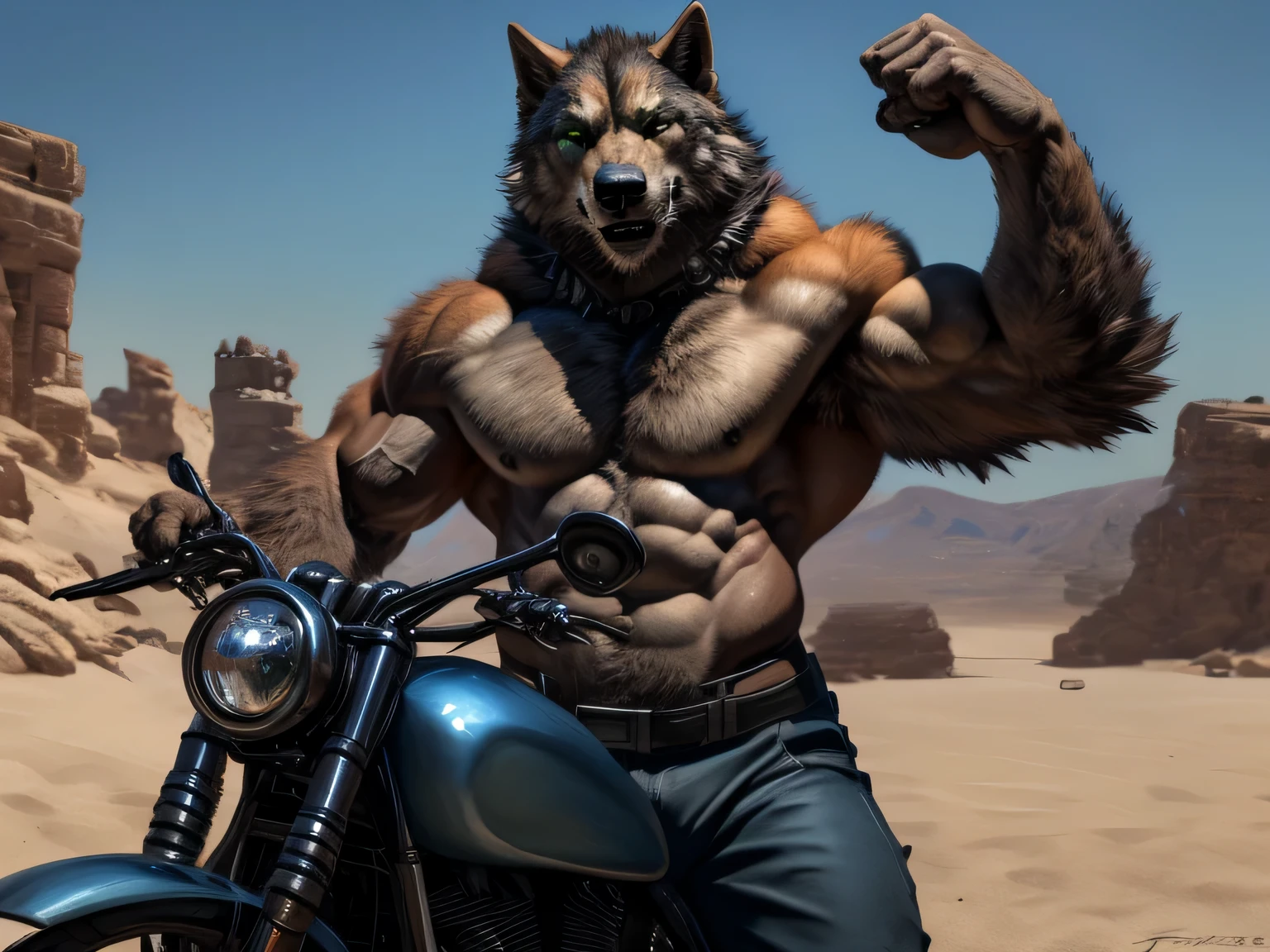 Werewolf, orange fur, bitone, white chest fur, black beard, green eyes, realistic eyes, posted on e621, furry body, anthro body, anthro werewolf, claws on hands, werewolf, solo, male, adult, masculine, (very muscular, large muscles, buff:1.2), correct anatomy, (caricaturized image, detailed fur, epic, masterpiece:1.2), green short pants, wolf tail, has a black chain collar, collar in his neck, in the beach (human people in the back), sitted in a black motorcycle, double purpose motorcycle, all terrain motorcycle, sexy shadows, (by echin, by Taran Fiddler, by Juiceps, by Rukis), (detailed eyes:1.2), impressive physique, strong pose, proud, smiling, flexing biceps with one arm, seductive face, looking at camera