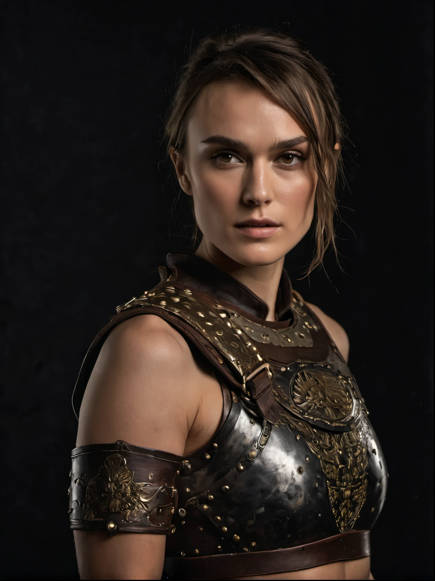 Looks like Keira Knightley, a portrait of a female warrior, stout, muscular body, full body shot, with piercing eyes, detailed face, high details, photography, dark studio, rim light, leica mp, noctilux 50mm, f/1.0