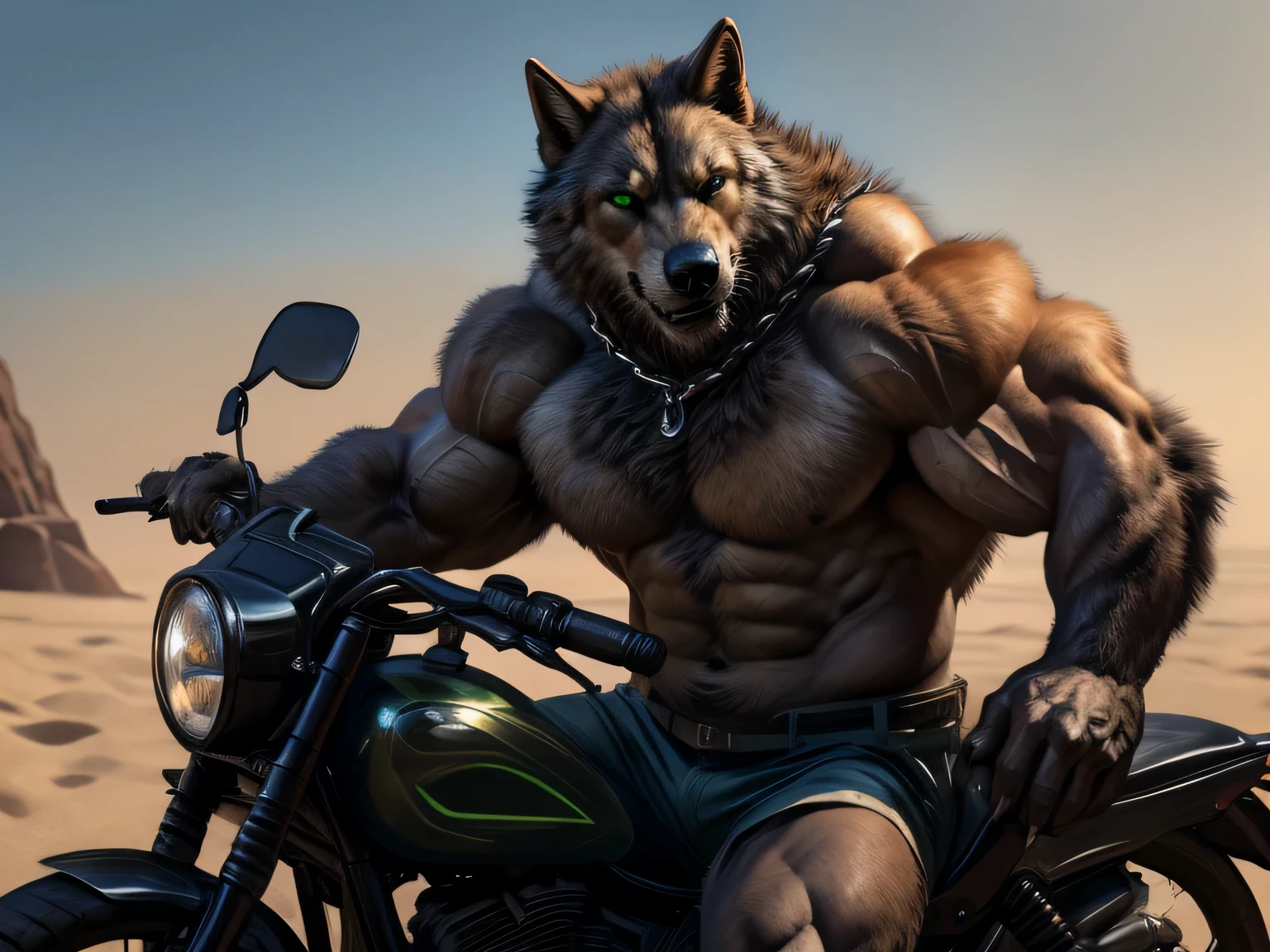 Werewolf, orange fur, bitone, white chest fur, black beard, green eyes, realistic eyes, posted on e621, furry body, anthro body, anthro werewolf, claws on hands, werewolf, solo, male, adult, masculine, (very muscular, large muscles, buff:1.2), correct anatomy, (caricaturized image, detailed fur, epic, masterpiece:1.2), green short pants, wolf tail, has a black chain collar, collar in his neck, in the beach (human people in the back), sitted in a black motorcycle, double purpose motorcycle, all terrain motorcycle, sexy shadows, (by echin, by Taran Fiddler, by Juiceps, by Rukis), (detailed eyes:1.2), impressive physique, strong pose, proud, smiling, flexing biceps with one arm, seductive face, looking at camera