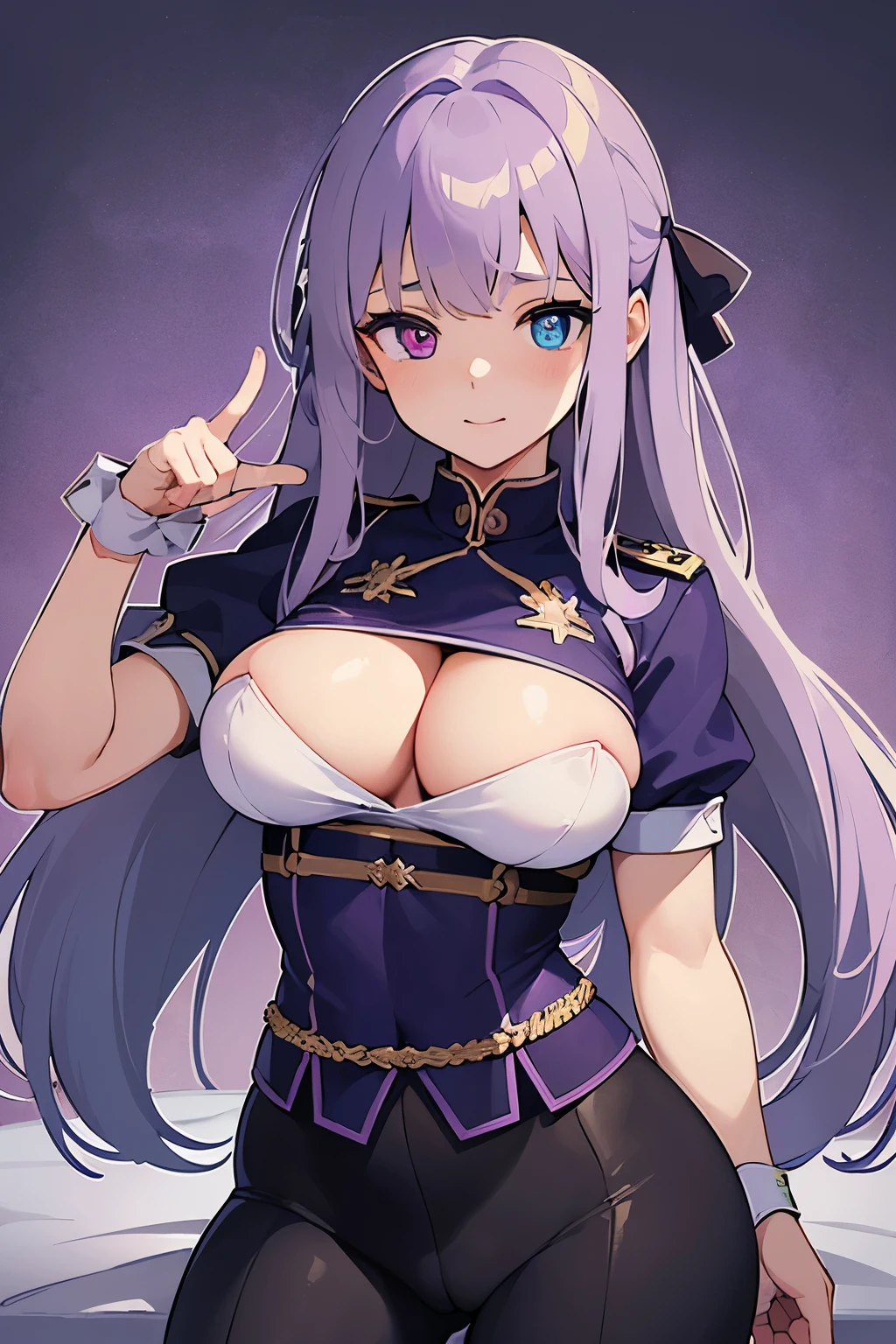 Masterpiece, top quality, best quality, ultra-detailed, 8k quality, masterpiece digital art, (detailed line art), (perfect anatomy), (etailed body), (detailed hand and finger:1.1), perfect face, (blush:1.1), (expressive eyes), (glistening eyes), (heterochromia with one purple eye and one blue eye:1.4), (hair ribbons:1.1), extremely long hair, bangs, (shimada Chiyo), ww1ger, german, (skimpy military uniform:1.2), short sleeves, (tight jodhpur pants), smiling, (blush:1.2), horny officer, bedroom, ribbon, (large breasts:1.2), (mamako oosuki:1.2), long hair, (bimbo), (deep cleavage:1.1), (labia outline:1.2), (teat outline:1.2).