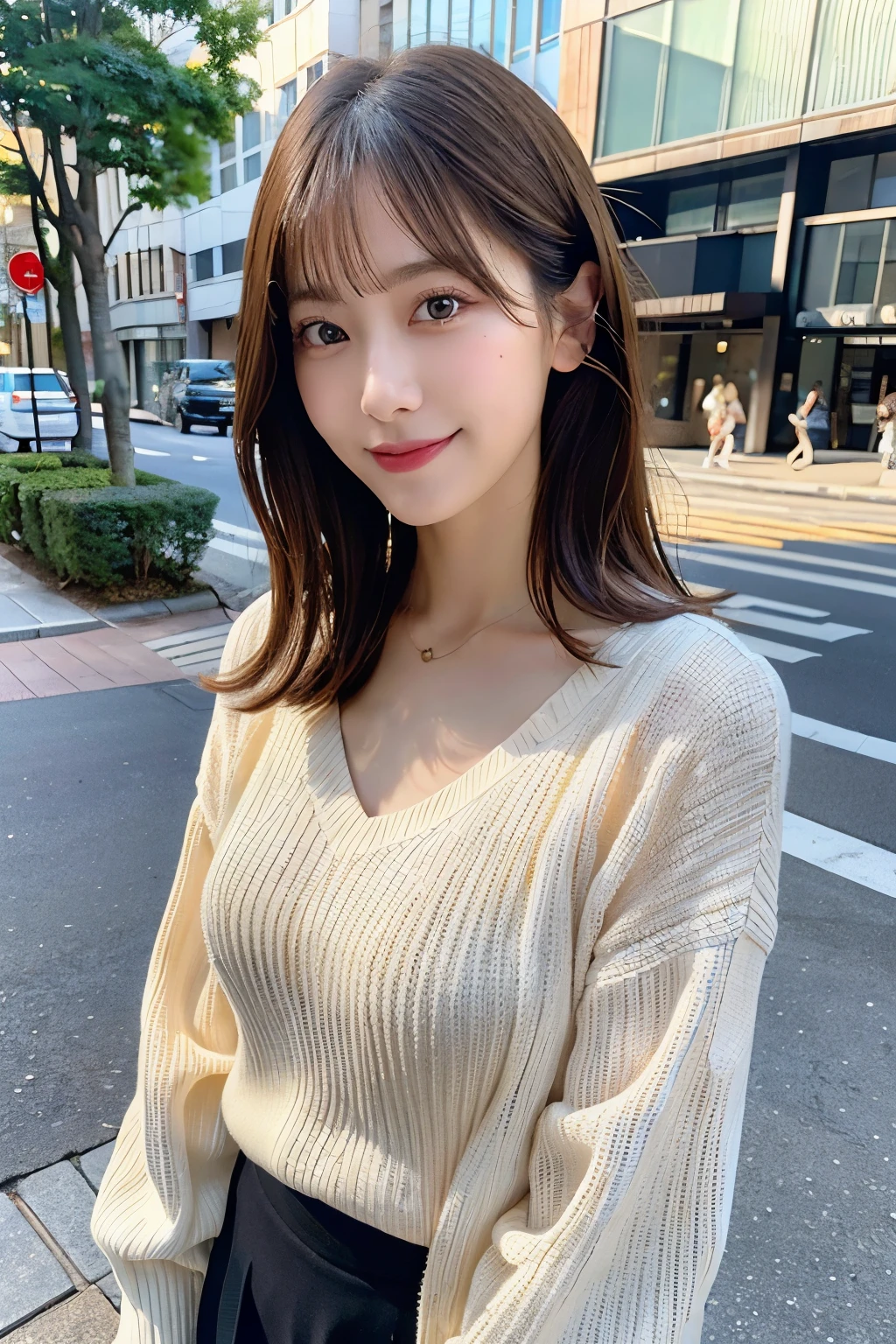 masutepiece, Best Quality, Illustration, Ultra-detailed, finely detail, hight resolution, 8K Wallpaper, Perfect dynamic composition, Beautiful detailed eyes, doress,Medium Hair, mid-chest, Natural Color Lip, Random and sexy poses,Smile,Street Walk、20 years girl、Colossal 、Too much exposure、Knitted tops、office lady