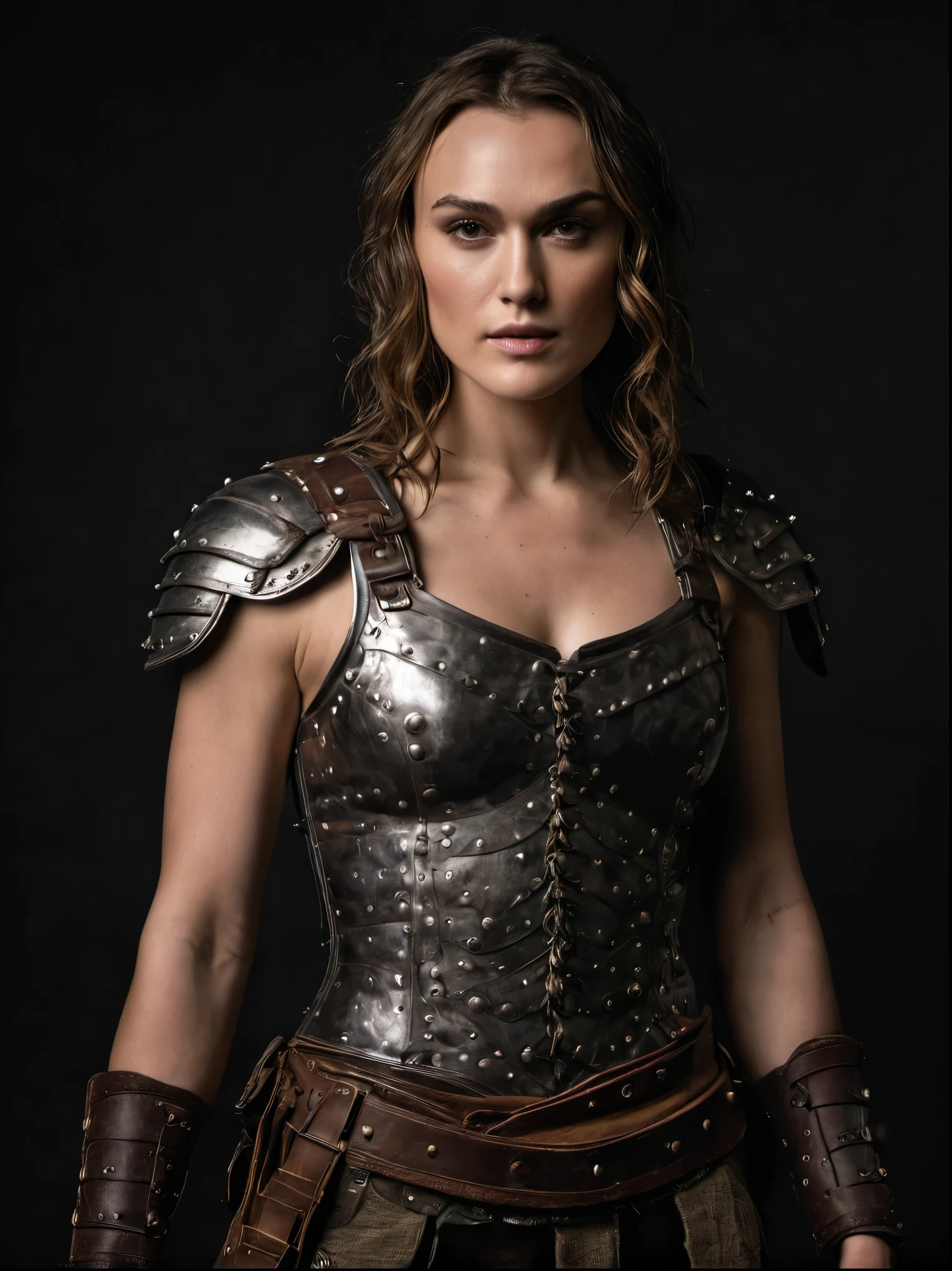 Looks like Keira Knightley, a portrait of a female warrior, stout, muscular body, full body shot, with piercing eyes, detailed face, high details, photography, dark studio, rim light, leica mp, noctilux 50mm, f/1.0