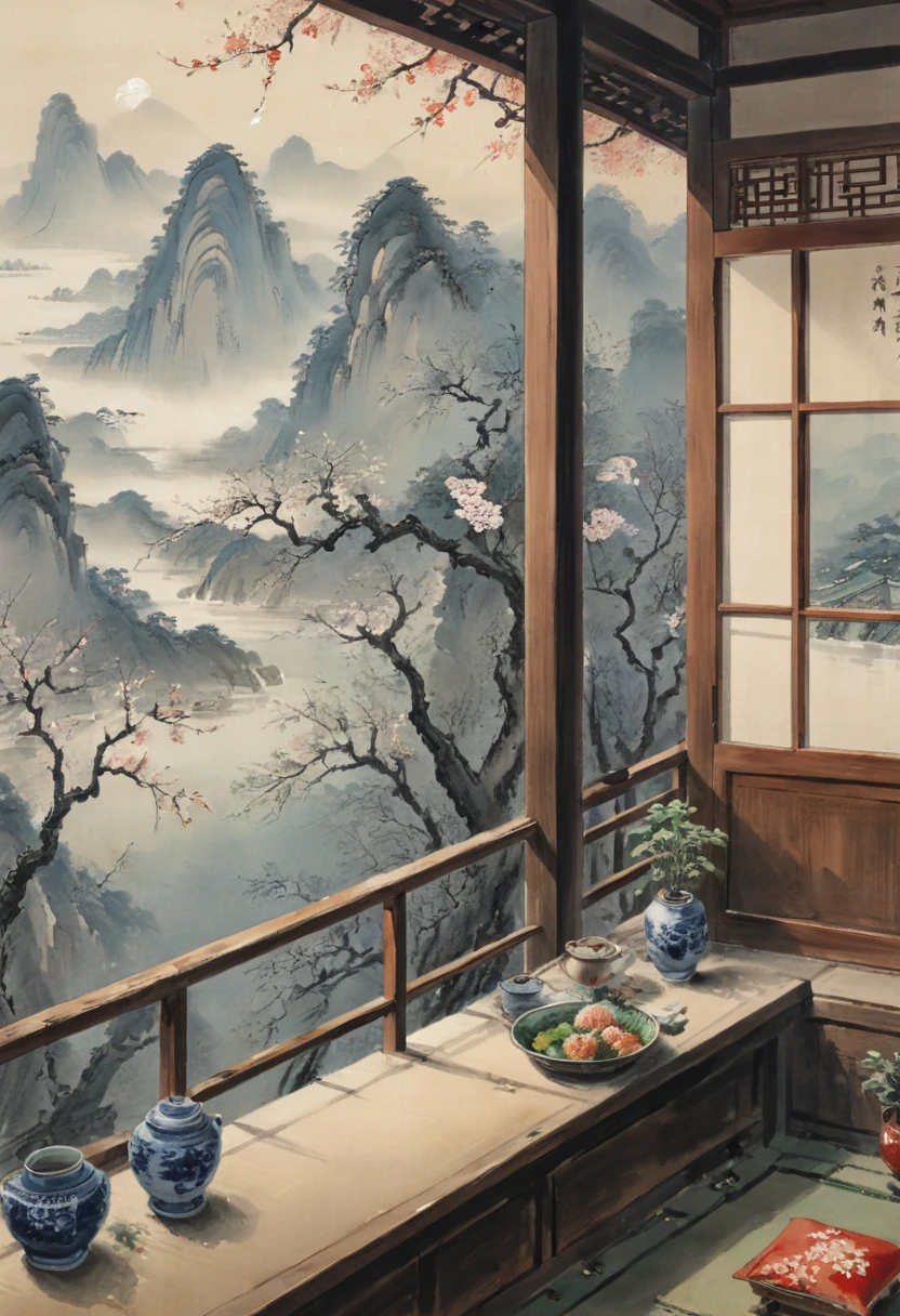 The View Outside the Window, by Feng Zikai, (masterpiece, best quality, perfect composition, very aesthetic, absurdres, ultra-detailed, intricate details, Professional, official art, Representative work:1.3)