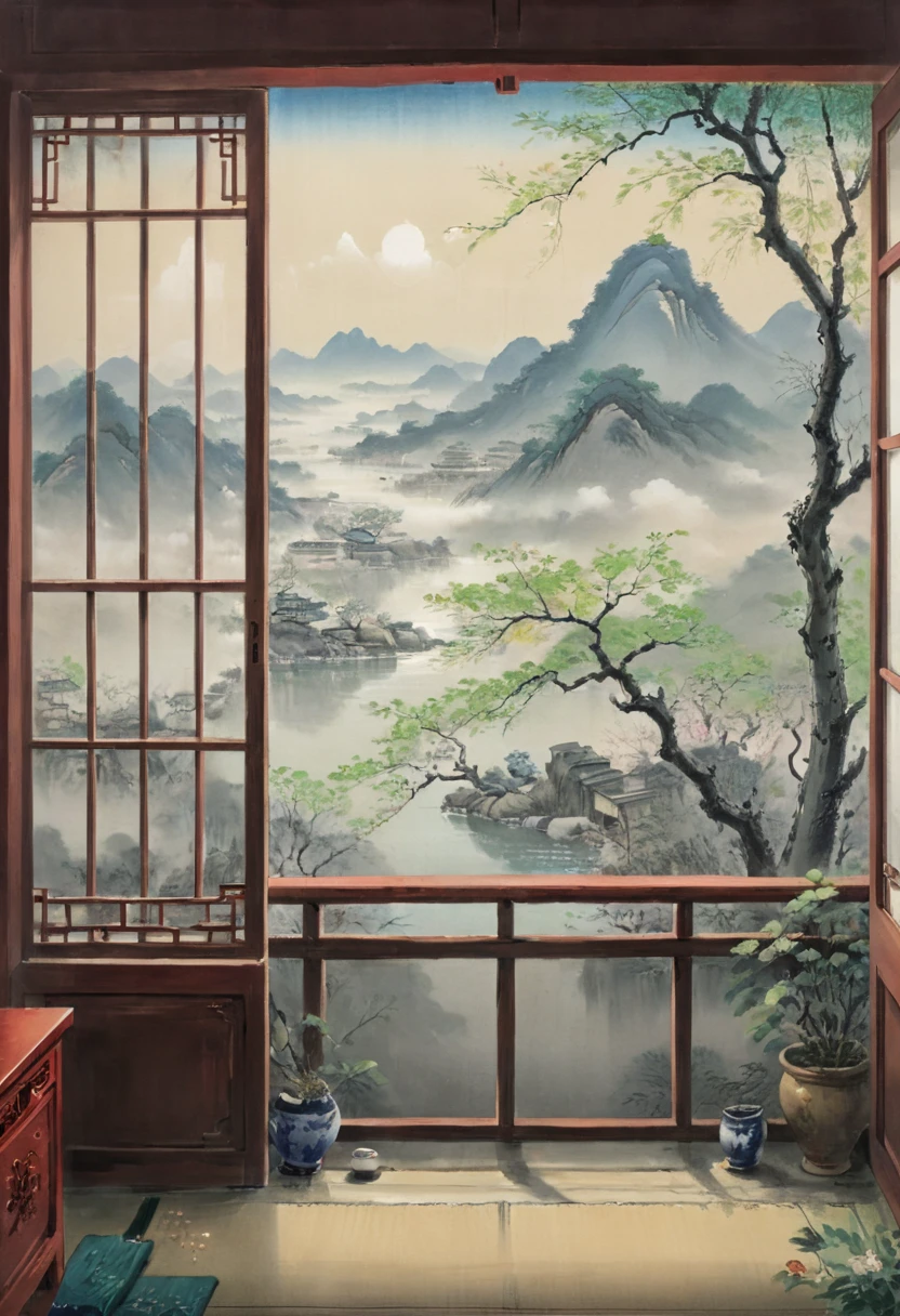 The View Outside the Window, by Feng Zikai, (masterpiece, best quality, perfect composition, very aesthetic, absurdres, ultra-detailed, intricate details, Professional, official art, Representative work:1.3)