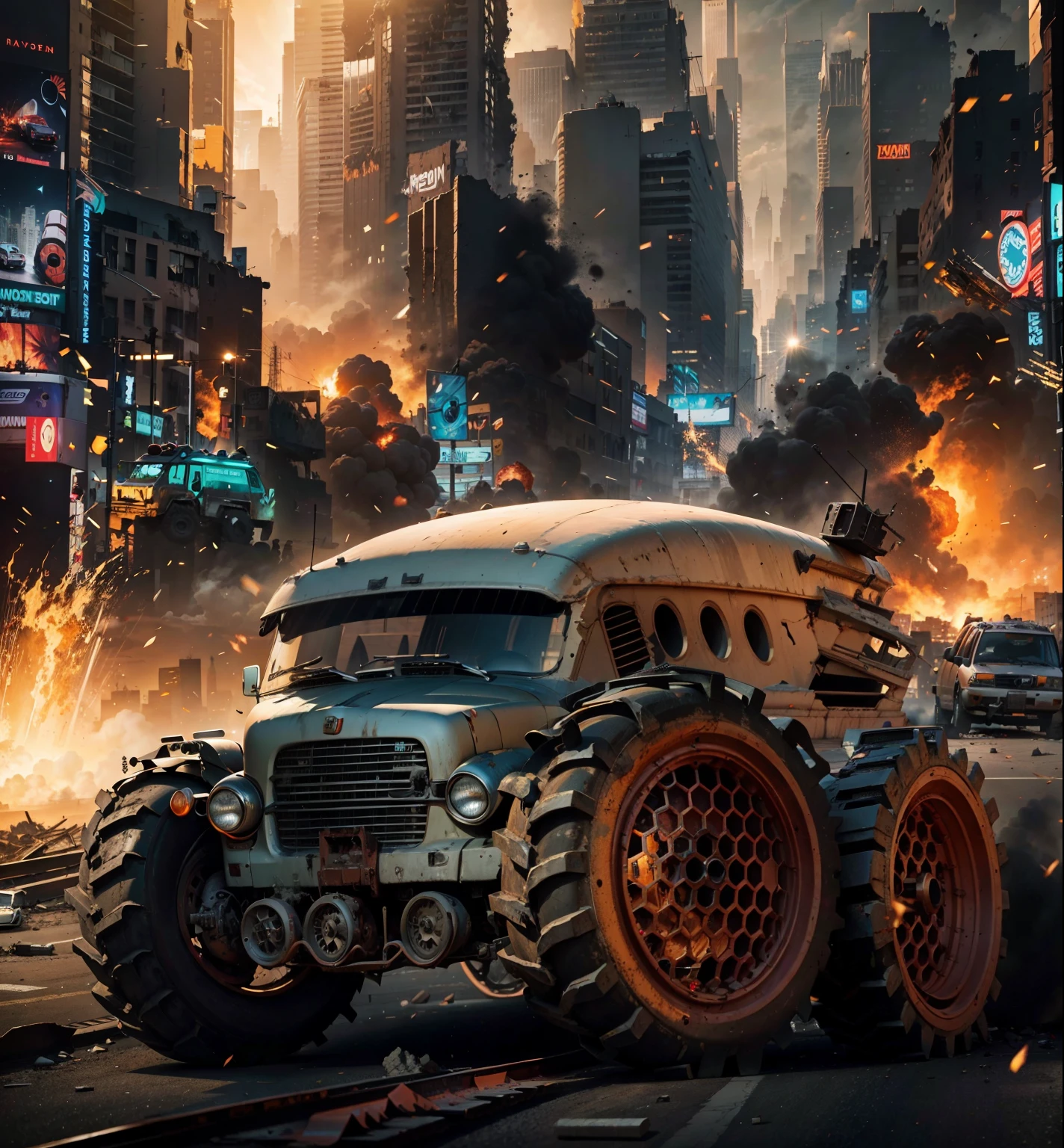 Show this powerful car and armed with machine guns and missiles driving across an abandoned New York avenue destroyed by the war with destroyed buildings and the red orange sun shining in the sky