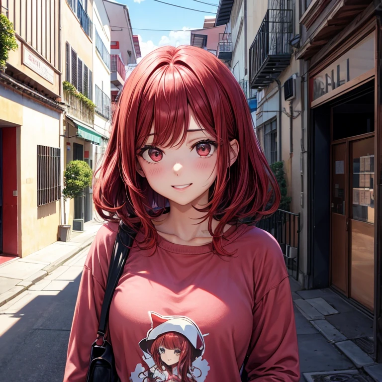 (Mejor calidad:0.8) perfect anime illustration, una bonita, Mujer feliz con cabello rojo largo y rizado en la calle de la ciudad, usando una sudadera color rosa conncapucha, falda