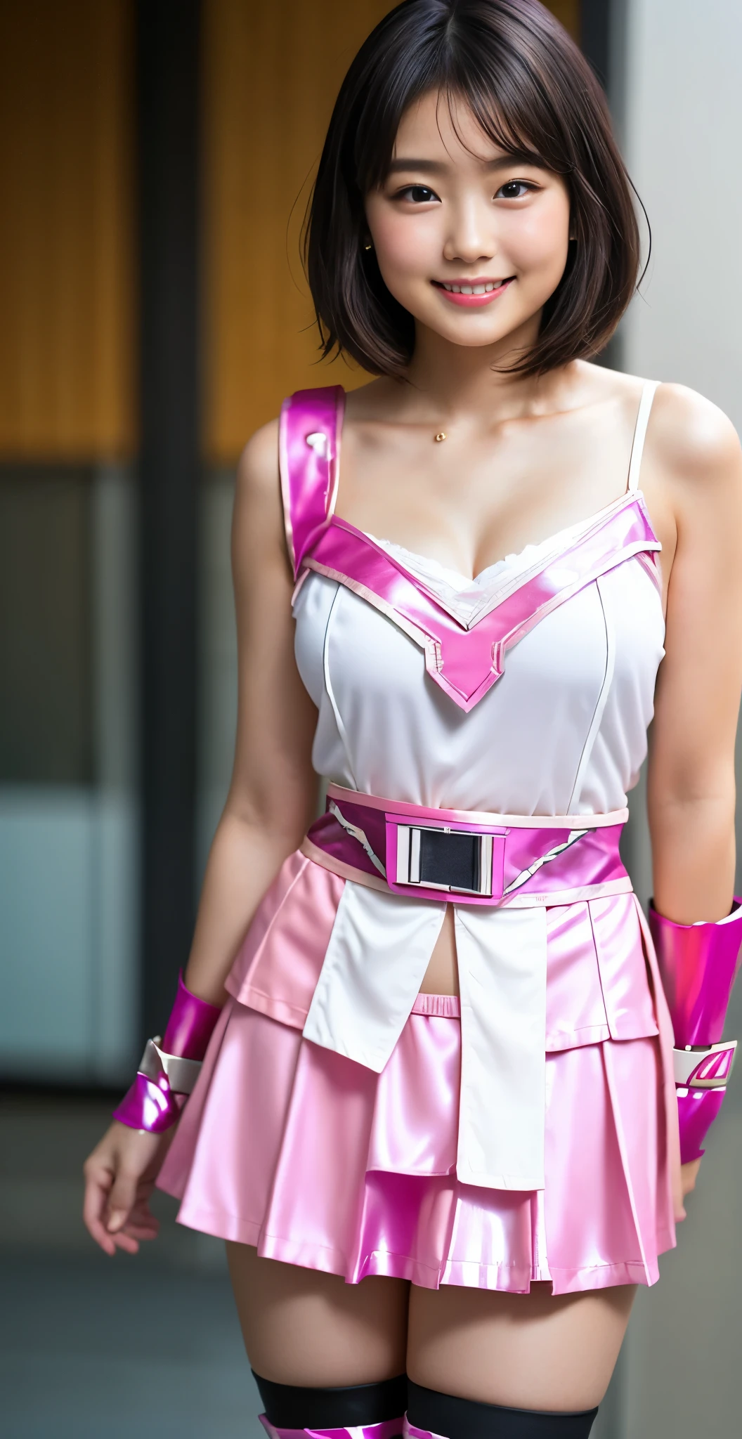 （8K、Raw photography、highest quality、masterpiece：1.2),(black haired、very short hair:1.8),(twin tails:1.3)、show viewer,Looking at the front,erotic,白いskin,(Wearing a shiny pink ranger costume:1.9)、(no background)、(Clothing that emphasizes the shape of your chest、publish one&#39;skin:1.4)、(big breasts :1.4)、slim body shape、ultra high resolution,beautiful,beautiful fece,(alone、no background:1.9),whole bodyボディー,japanese woman,（Photoreal：1.37）、photon mapping,reality、(Baby-faced and cute: 1.5)、(cute smile: 1.7)、(With a round face: 1.7)、radio city、Physically based rendering、depth of field rally background、photograph, (I can see your knees、short skirt、I can see white panties、close up of thighs:1.8),whole body、super fine