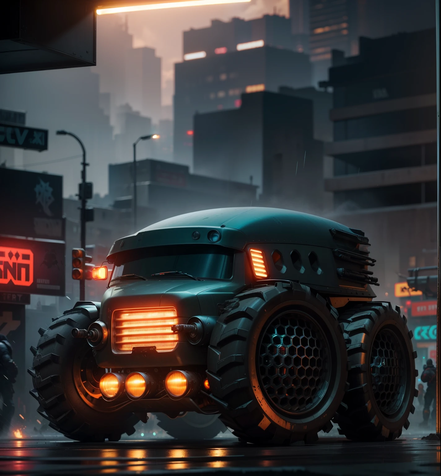 Cyberpunk New York City - Sky dominated by holographic advertisements and neon signs casting a harsh, flickering glow. Towering megastructures pierce the clouds, casting long shadows over decaying tenements below. Rain slicks the streets, reflecting the distorted cityscape in shimmering puddles.
Truck:
A massive, armored juggernaut of a truck. Imagine a monstrous welding of military surplus and black market tech.
Mounted weaponry: Gatling guns bristle on the turret, glowing with residual heat. Missile pods flank the cab, their warheads glinting ominously.
Searchlights stab through the gloom, illuminating fleeting glimpses of graffiti-laden walls and flickering neon signs advertising illegal wares.
Action:
The truck patrols a deserted avenue, engine growling like a hungry beast. Security drones buzz nervously around it, their red scanner lights adding to the tense atmosphere.
Armed figures clad in black combat gear emerge from the shadows, their faces obscured by mirrored visors. They hunch towards the truck, a sense of urgency in their movements.