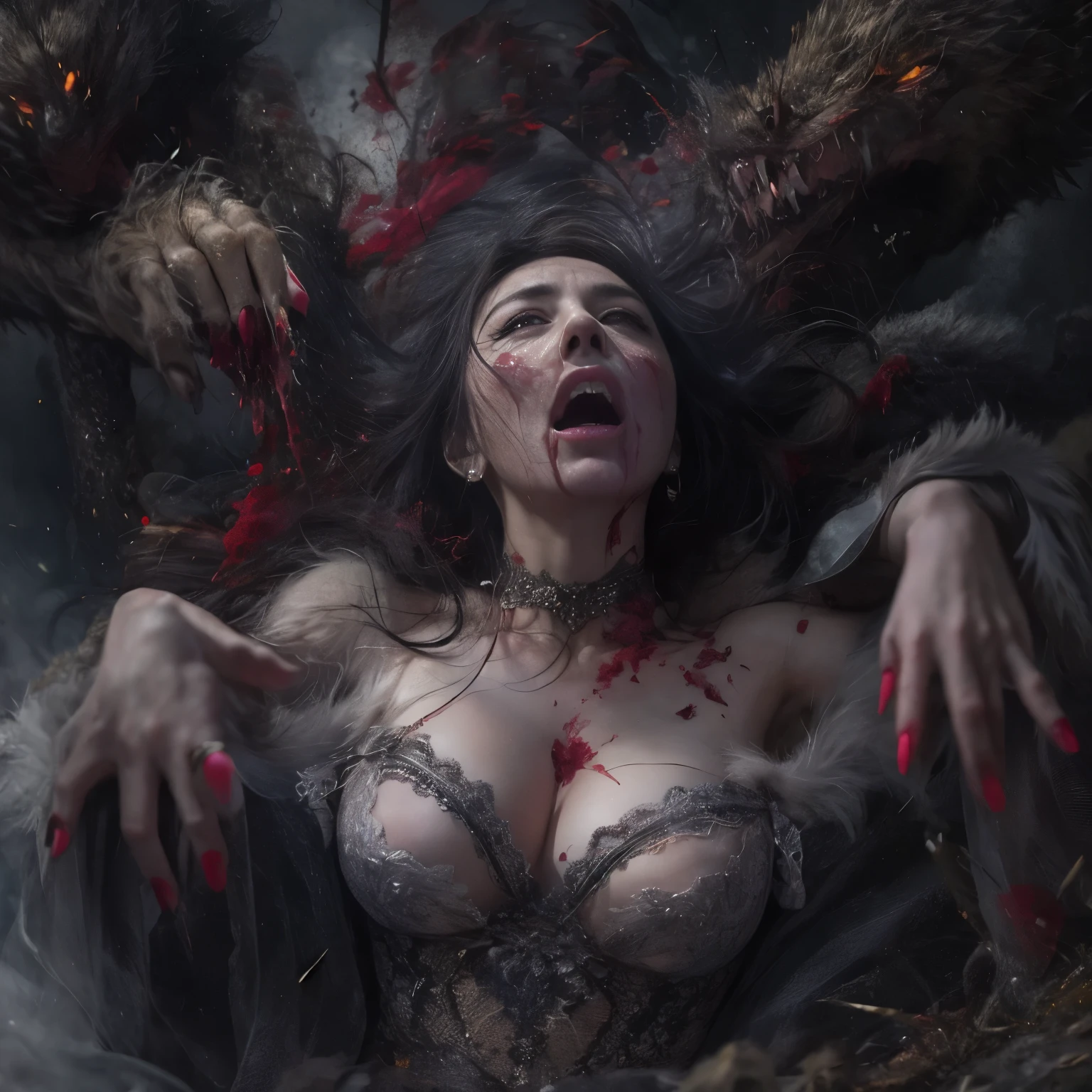 (Top Quality, Super Detail, Realistic: 1. 37), Mythological Old Times, Portrait, Torn Dress of a Beautiful Princess, Huge Scary Monster, Exposed Breasts, Sacrificial Altar, Pile of Devoured Corpses , the beautiful expression of a resolute princess, a solemn atmosphere, a horrifying scene, blood-spitting terror, overwhelming terror, a nightmarish fate, gloomy lighting, dark shadows, a desperate struggle, a mysterious fog. , ominous presence, smoke, impending doom, piercing gaze, sharp claws, bloody teeth, cruel corpse, tragic ending, ominous prophecy, desperate escape, suspenseful suspense, fate, cursed beauty, ( NSFW: 1. 2)