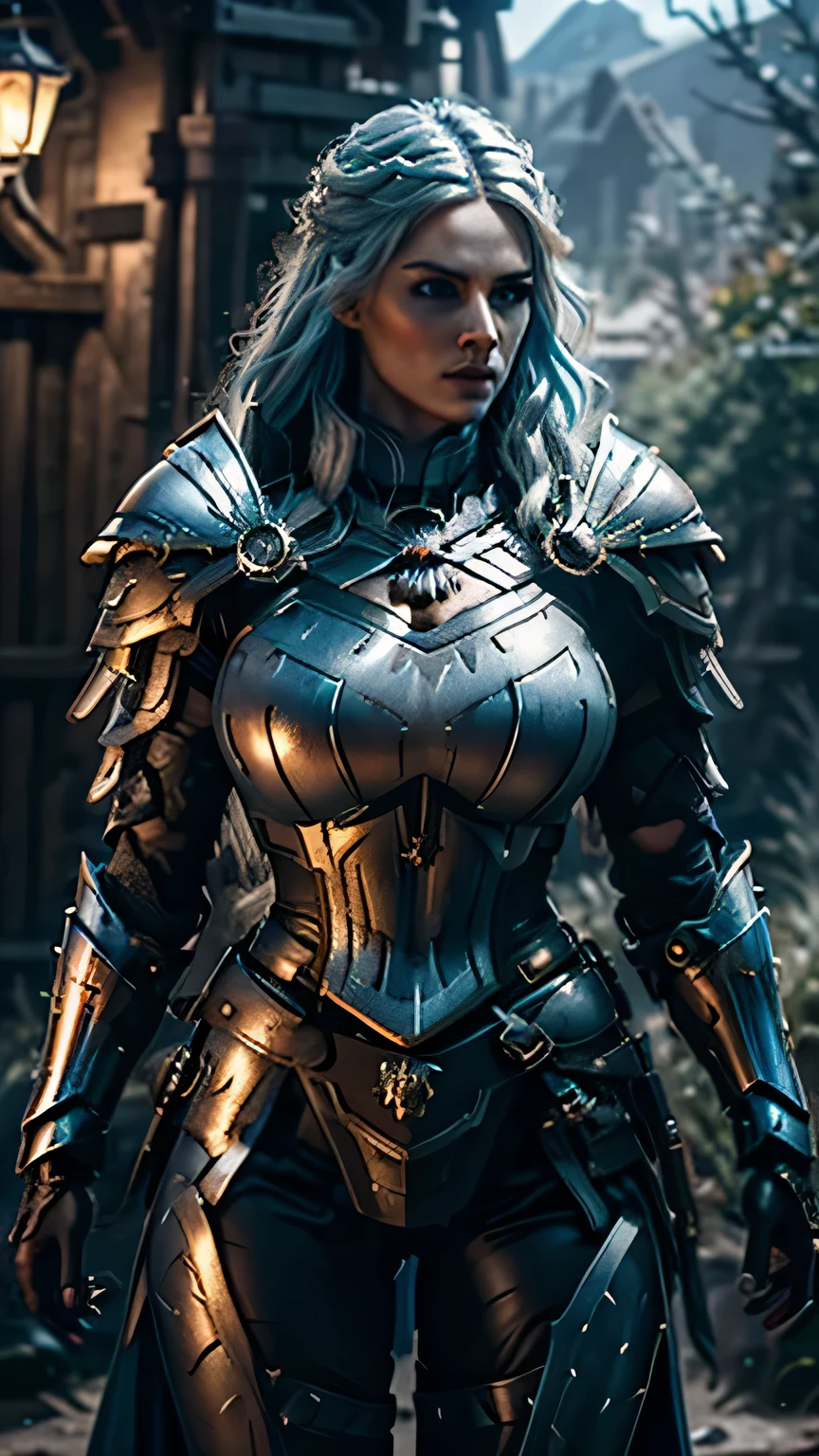 8K,asgard female warrior with very big breasts,Super beautiful(like the real thing),black very large chest armor,realistic skin,luxury black pants,Has a large, long black spear,sexy,muscular slim body,ripped abs,black shoulder armor,black waist armor,black leg armor,desert, rich colors, Backlight, cinematic lighting, film grain, RAW, 50mm lens,nikon　D850,ultra high resolution,Super realistic,goddess,battle scene,action scene,action pose,shine a light on the face, long wavy blue hair, the Witcher, the Witcher armor, yennefer